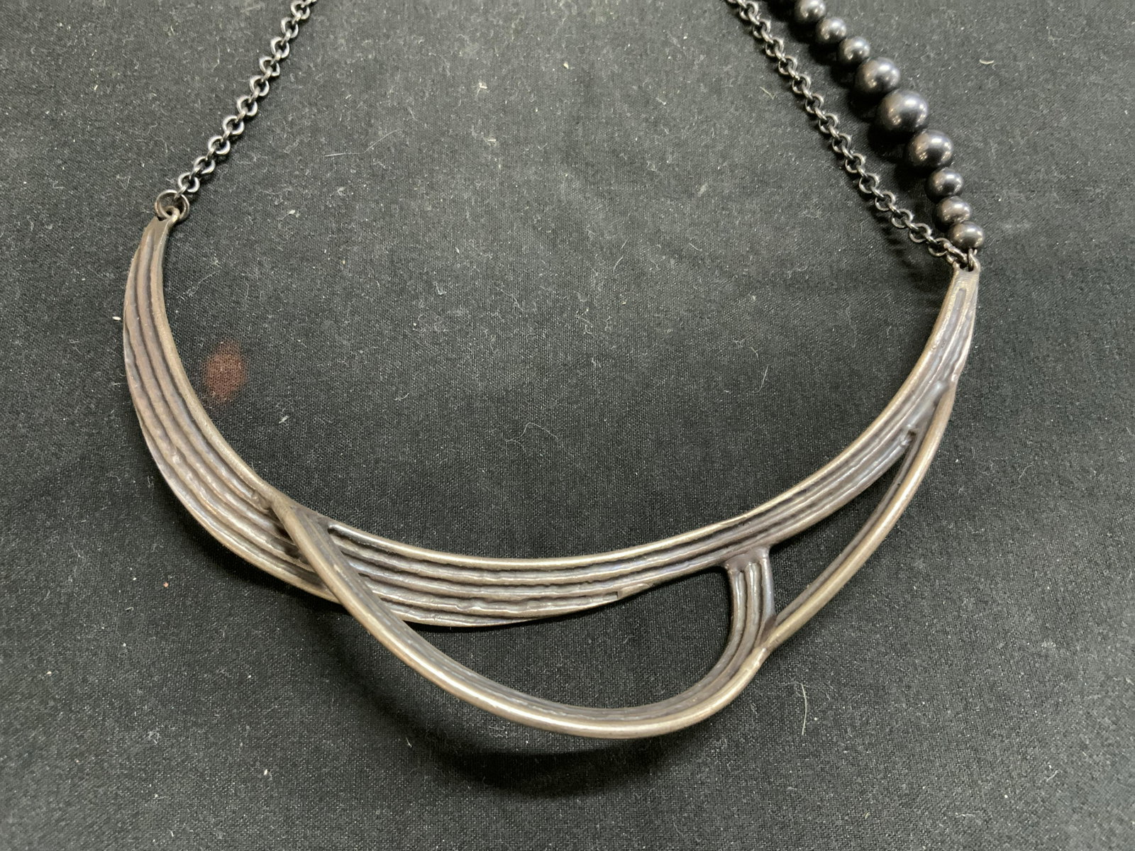 Signed NW Silver Tone Choker Collar Necklace: Signed NW silver tone choker collar necklace with beaded decoration and double chain. Signed to jewelry charm. Measures approx. 14.5 inches long. In good condition. Estate jewelry, fashion jewelry, co