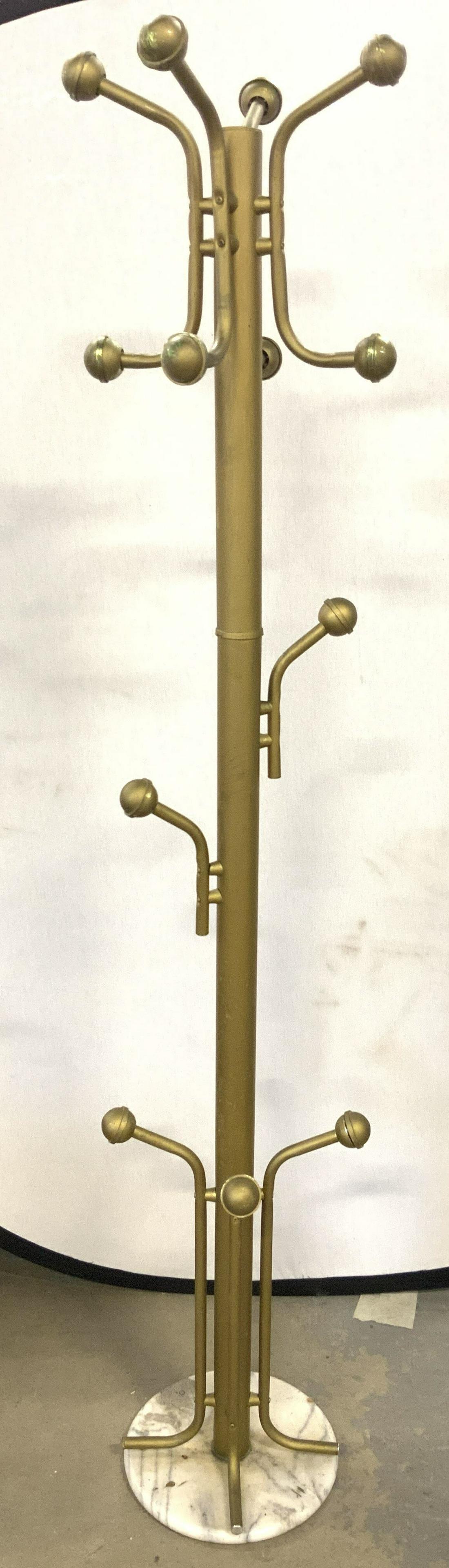 Vintage Sputnik Coat Stand C 1960s: Coat stand is vintage circa 1960s. Piece is gold tone & metal with circular shaped marble base. Coat rack has Sputnik shape. Piece measures approx 70 inches tall 14 inches wide. Coat stand, vintage co