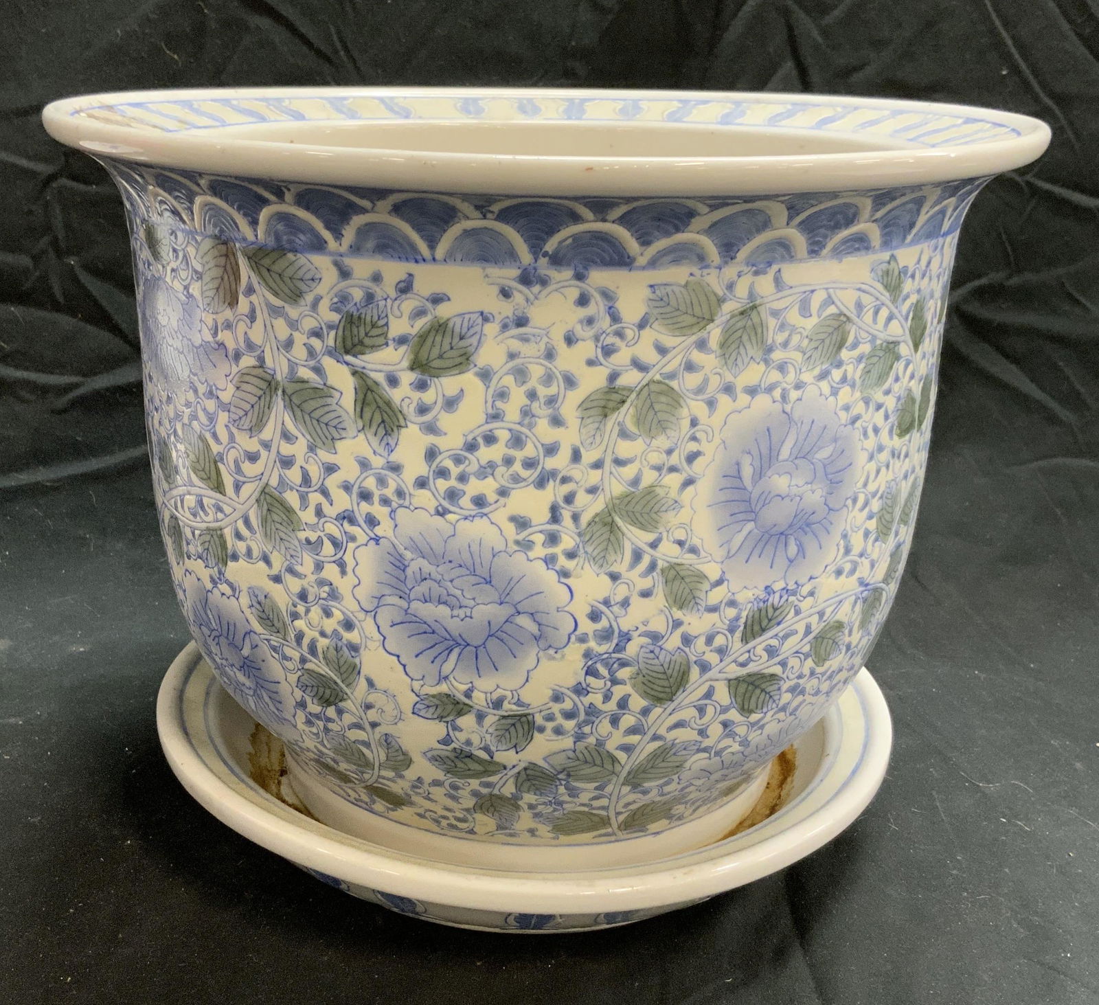 Chinese Blue Floral Ceramic Planter & Under Plate (1 of 7)