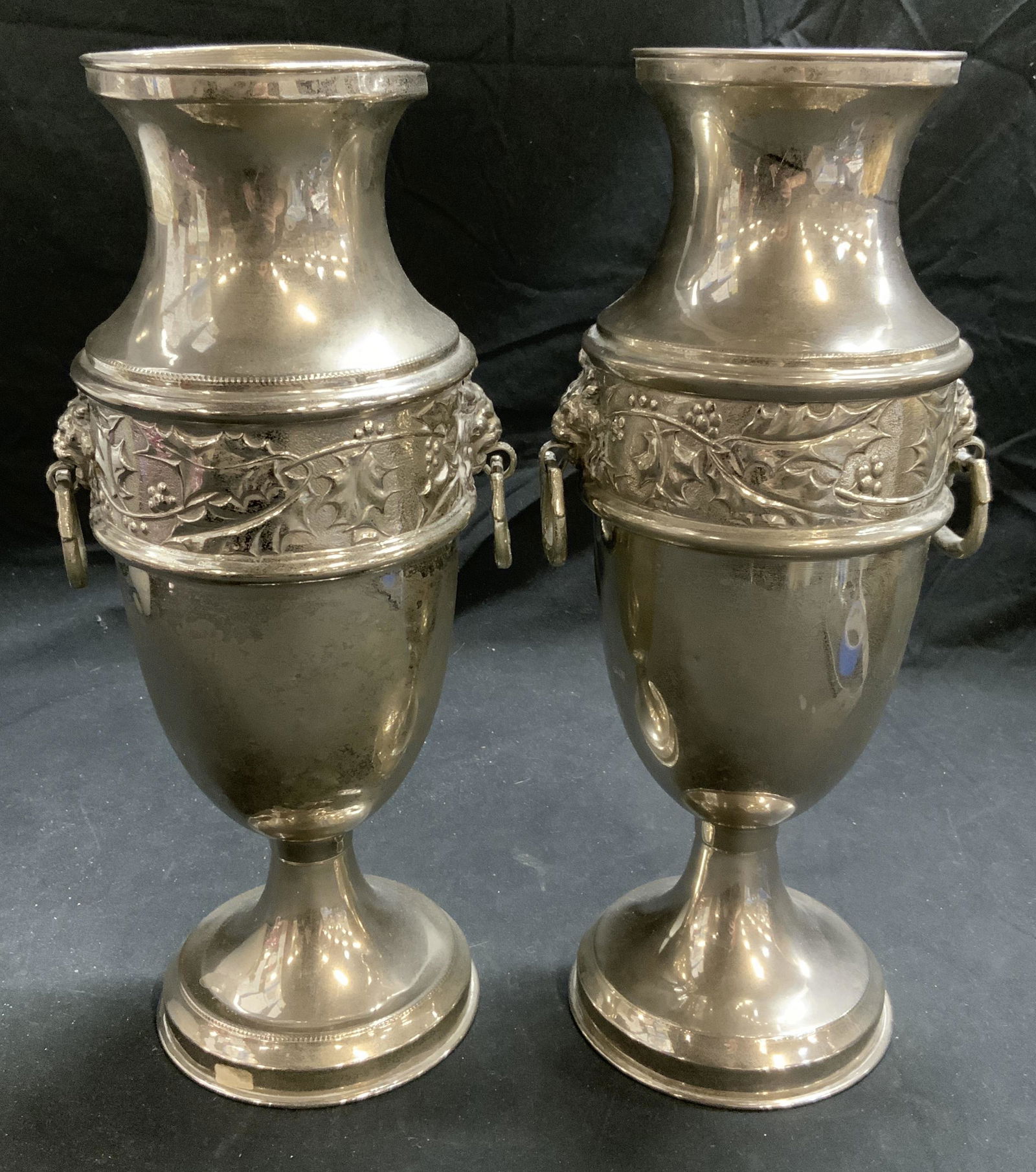 Pair Silver Tone Urns w Grapevine Motif (1 of 7)