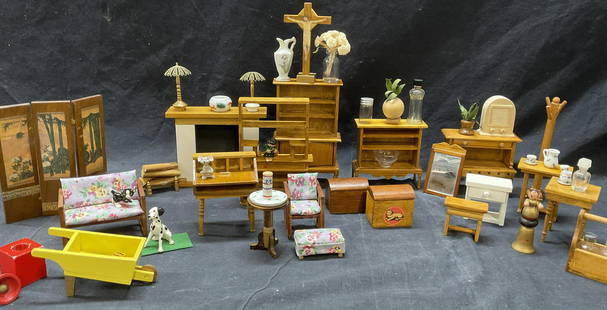 Lot 15+ Doll House Furniture & Accessories: Lot 15+ Doll House Furniture & Accessories. Some Items have some minimal surface wear consistent with prior use and age (see photos). Items include, wooden furniture, chest, porcelain animals, kitchen