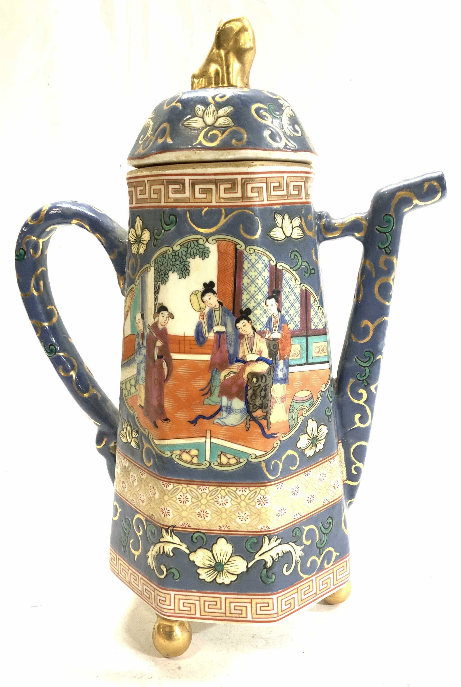 Asian Porcelain Footed Teapot w Lid, Signed (1 of 8)