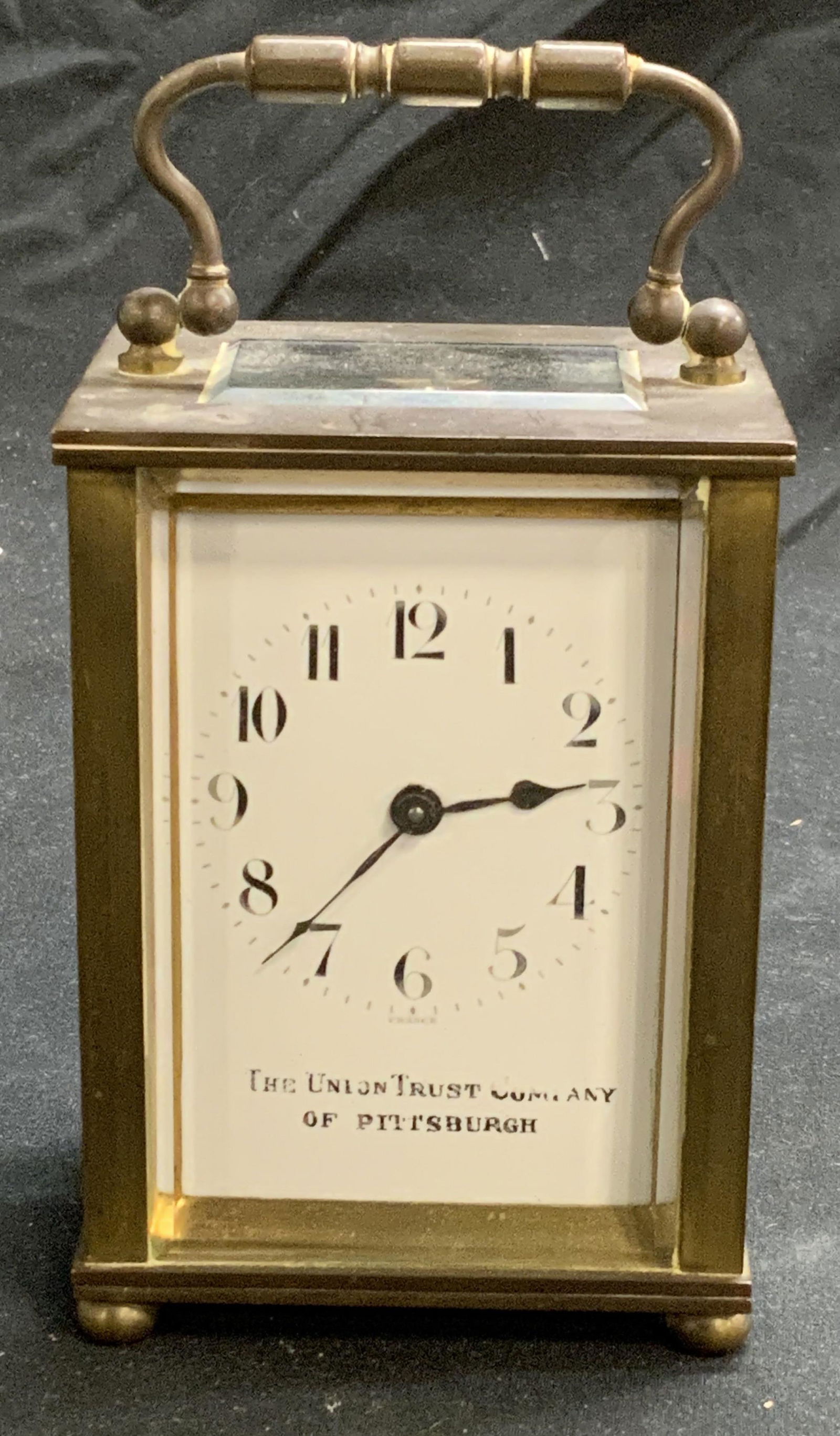 Antique DELEPINE BARROIS Carriage Clock: antique Delepine BARROIS brass carriage clock. Reads The Union Trust Company of Pittsburgh to clock face. Designer trademark to reverse on metal. Made in France. Antique circa late 19th century. Piece
