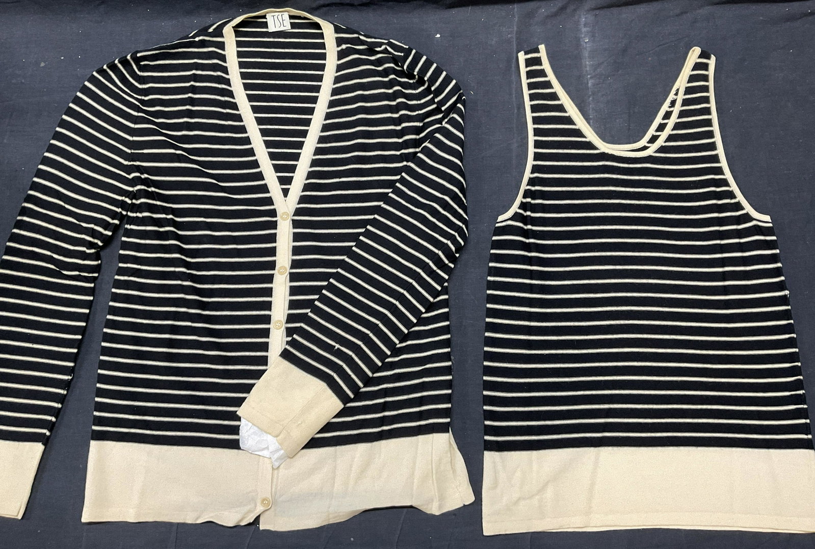 TSE Striped Button Up Cardigan & Tank Top: TSE Striped Button Up Cardigan & Tank Top. Some minor surface wear to piece consistent with use and age. Labeled M, medium, no visible material label. Name label to cardigan TSE. Some thread pulling. 