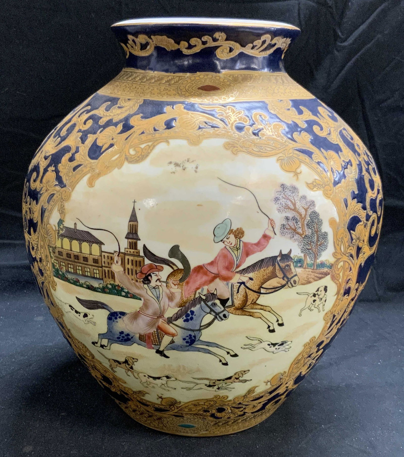 Chinese Gilt Ceramic Equestrian Centerpiece Vase (1 of 7)