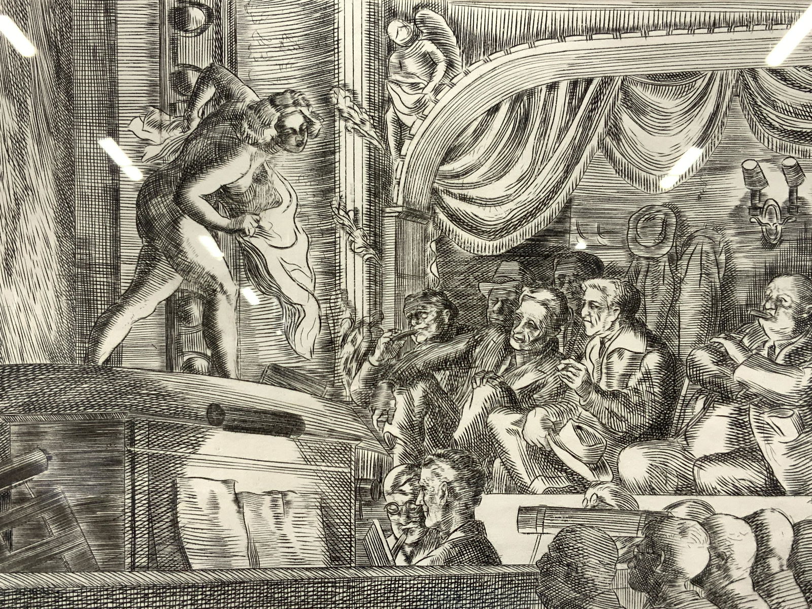 ATTR Peoples Follies By Reginald Marsh Etching: Marked on lower right of etching, RM. Etching depicts a woman on a stage with various men sitting around her watching. Marked on lower corner WM. 35/100. En verso reads Peoples Follies Bland White Etc