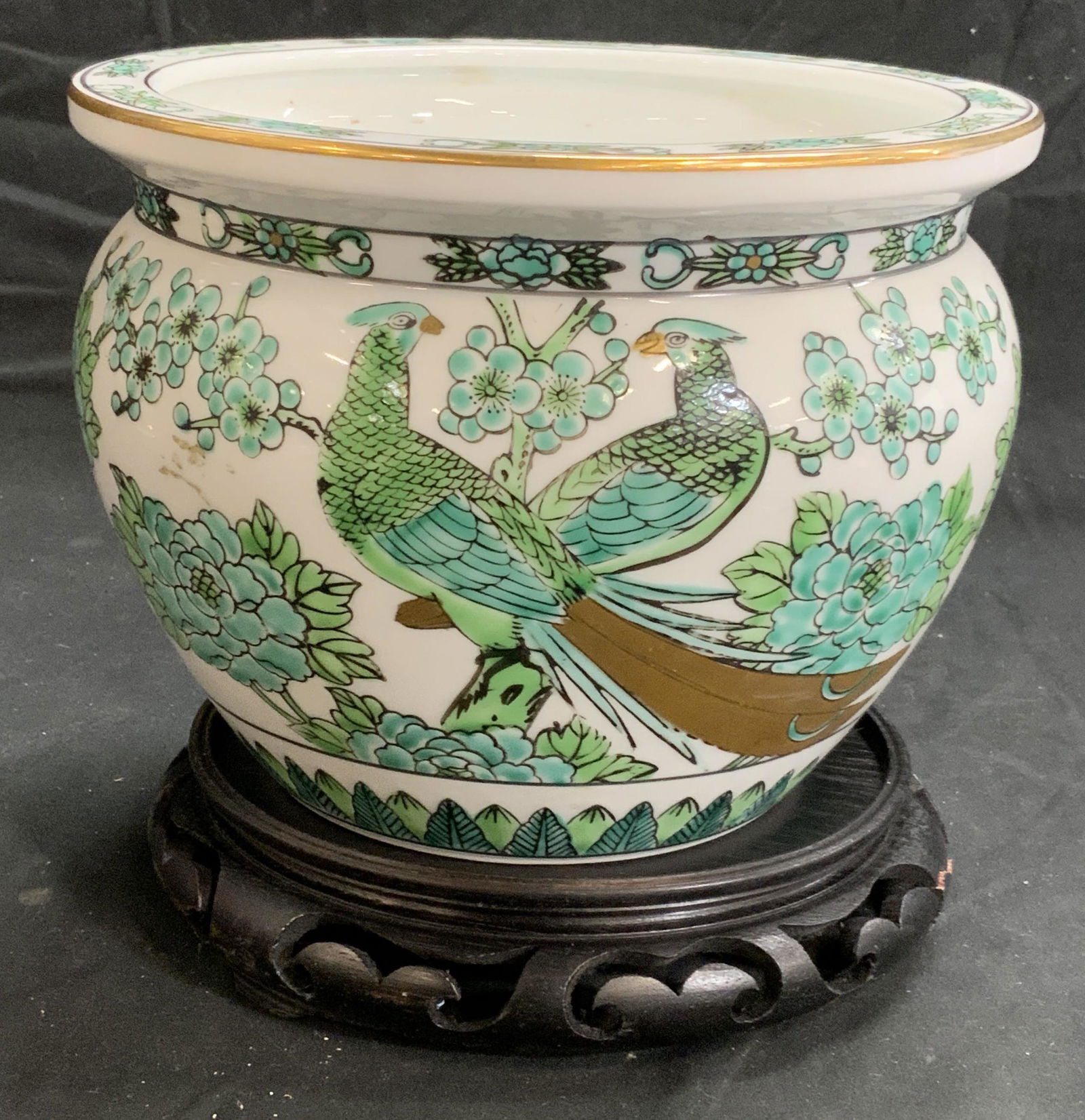 GOLD IMARI Vtg Green Porcelain Cachepot & Stand (1 of 9)