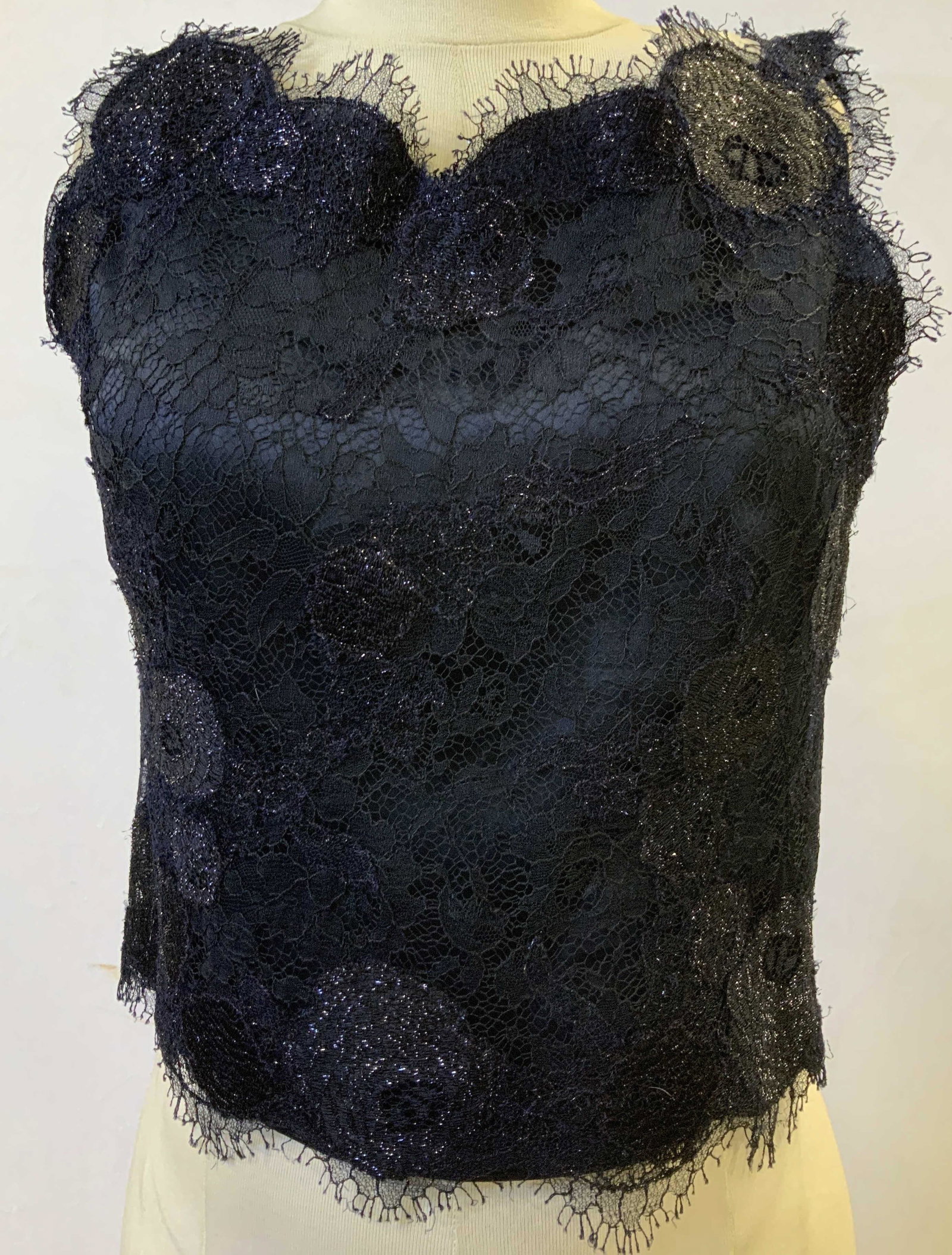 Josie NATORI for Bergdorf Goodman Lace Tank Top: Navy blue glittery lace tank top (;viscose and nylon) with silk under shirt. Ladies size 6. Labeled Josie Natori and Bergdorf Goodman. 17 in. Long. Has a size zipper. Luxury Designer wear, Josie Nator