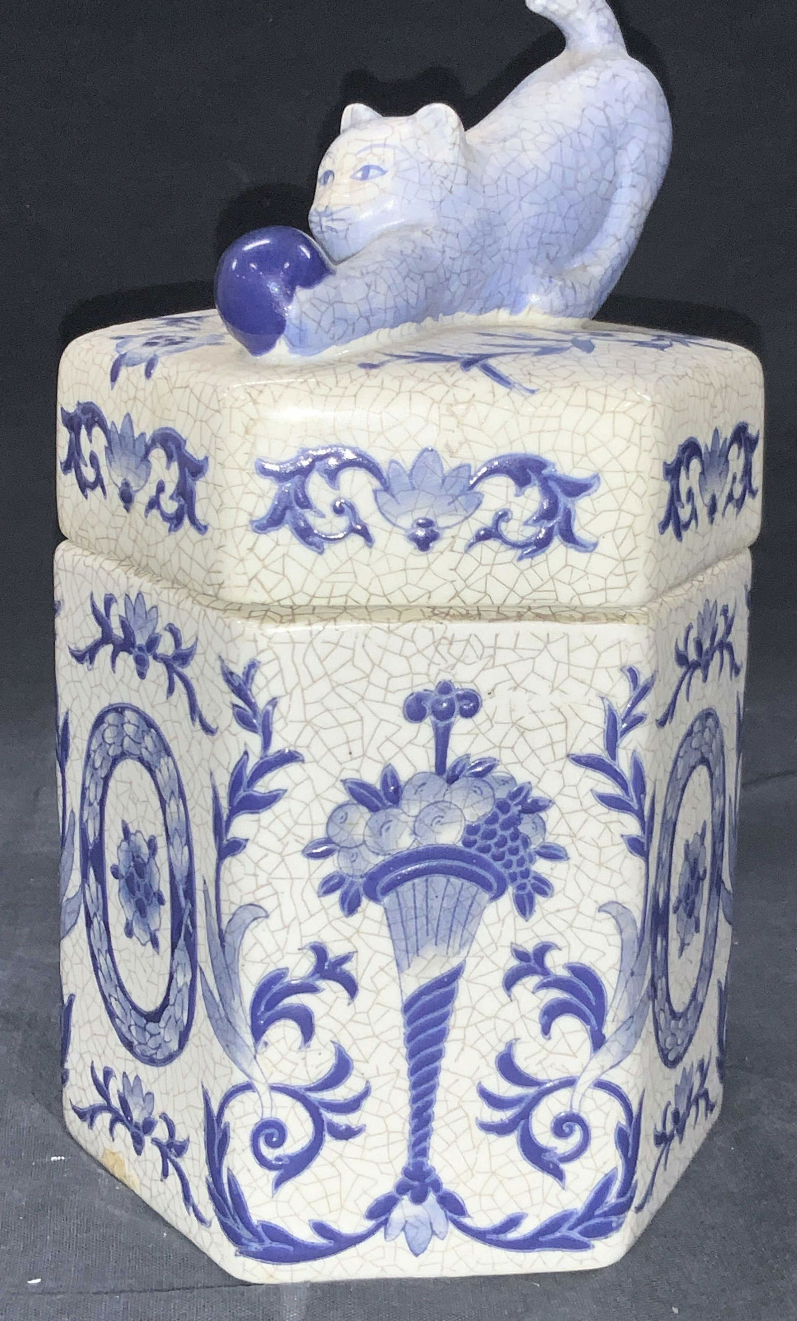 Asian Hand Painted Porcelain Hexagonal Cat Vessel (1 of 9)