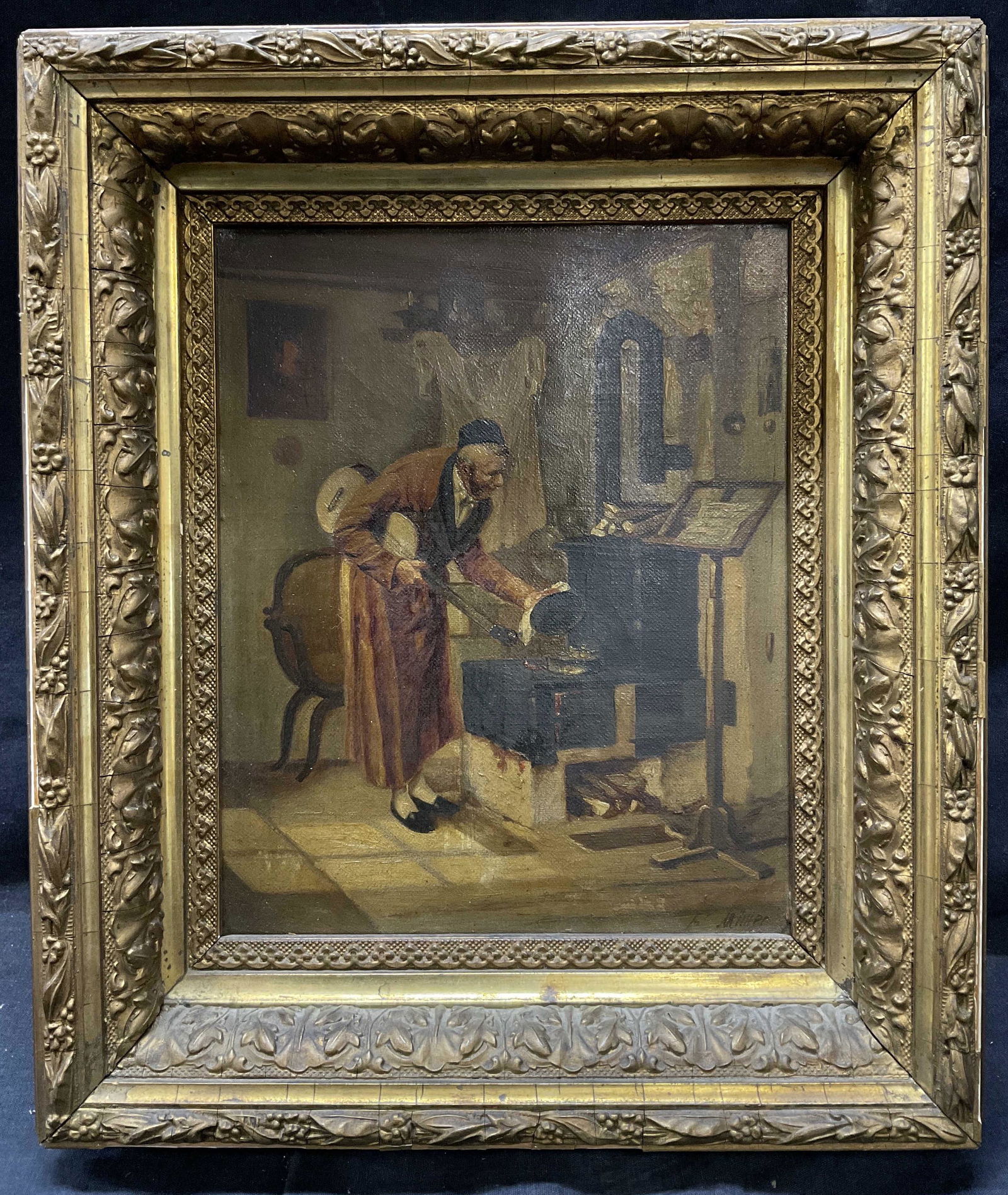SGND F. Muller, Oil Painting of Maestros Supper: Antique SGND F. Muller, Oil Painting of Maestros Supper. Back side of framed painting is labeled, Fritz Müller German, b. 1879 The Maestros Supper (see photos). Framed in a wooden gilt frame, signifi