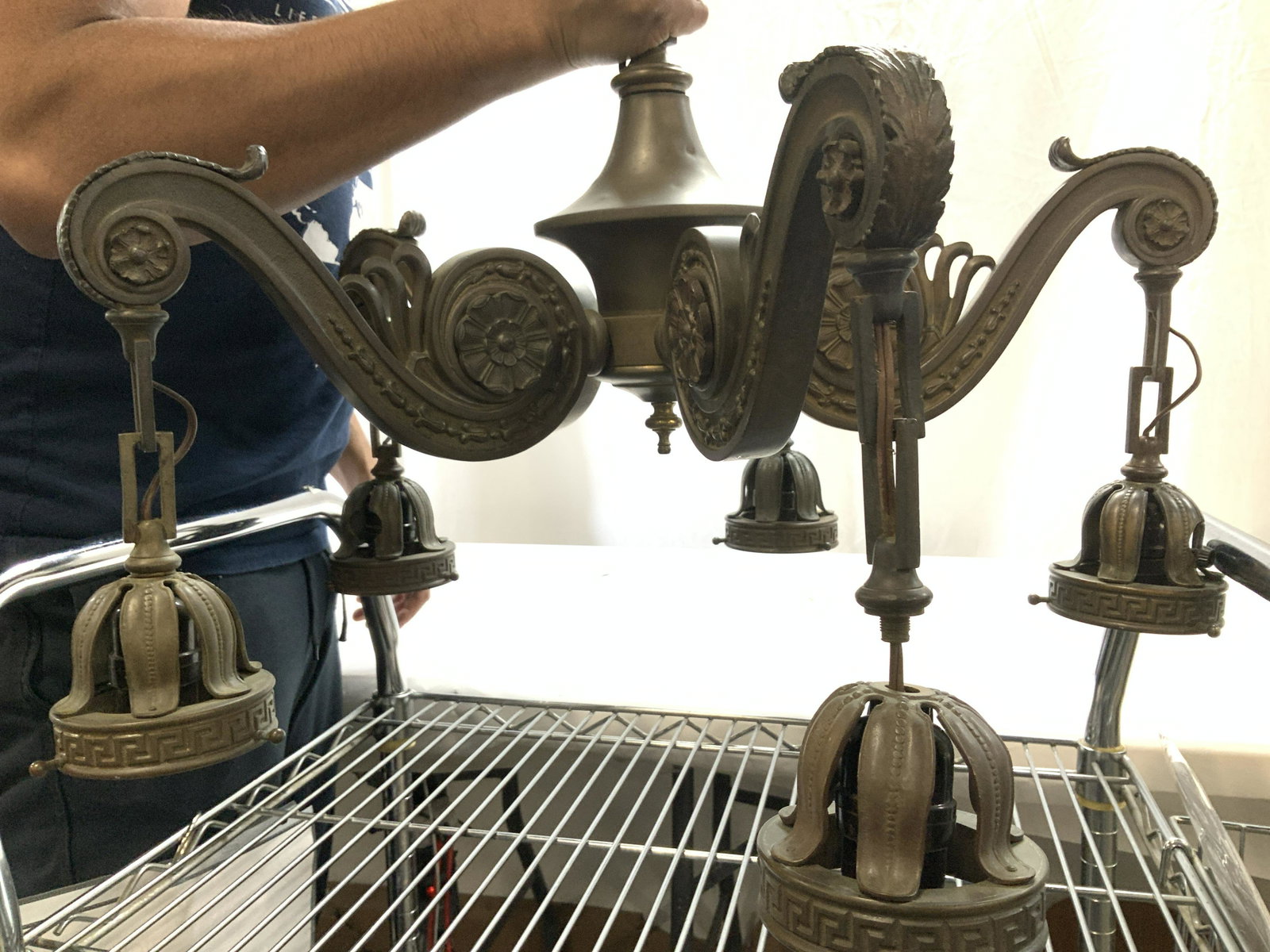 Bronze Asian Regency Chandelier w Lustrous Glass: Bronze Asian Regency Chandelier w Lustrous GlassVintage Cast Bronze 5 arm chandelier with luxury thick walled Luster art glass shades. Chandelier is extremely heavy, as are glass shades. Glass Shades 