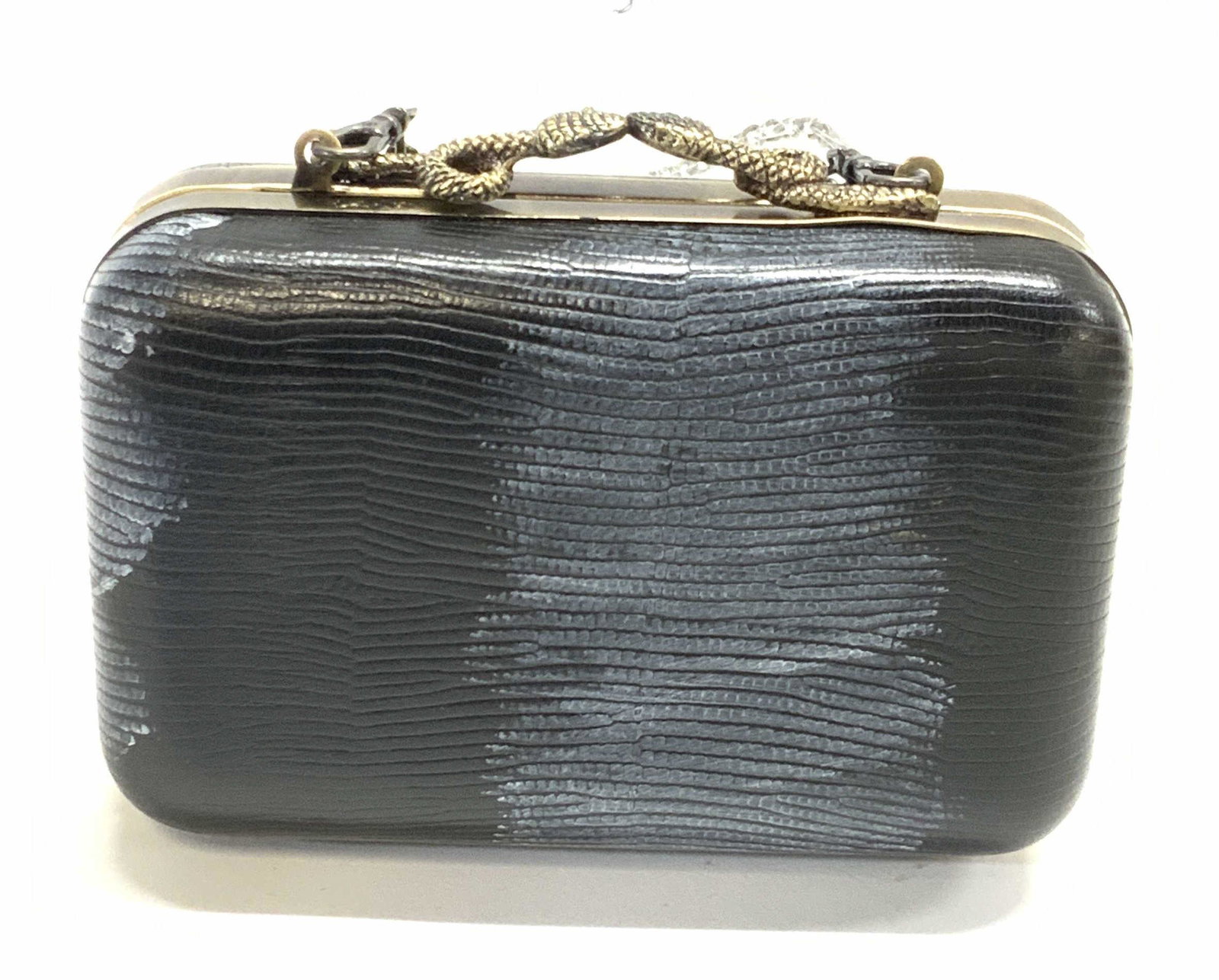 HOUSE OF HARLOW 1960 Leather Evening Bag NWOT: House of Harlow 1960 black snakeskin embossed leather evening bag with chain strap. Snake form kiss clasp and 1 slip pocket to interior. Removable strap to convert into clutch purse. New without tag. 