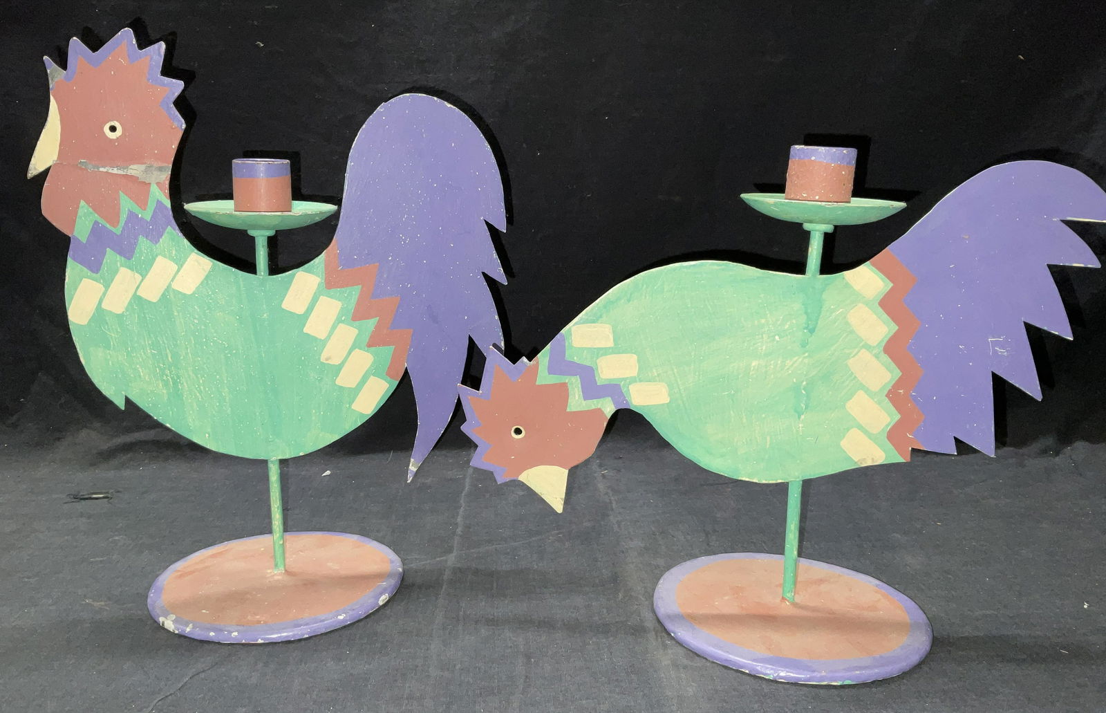 Pair Painted Chicken Tabletop Candle Holders (1 of 6)