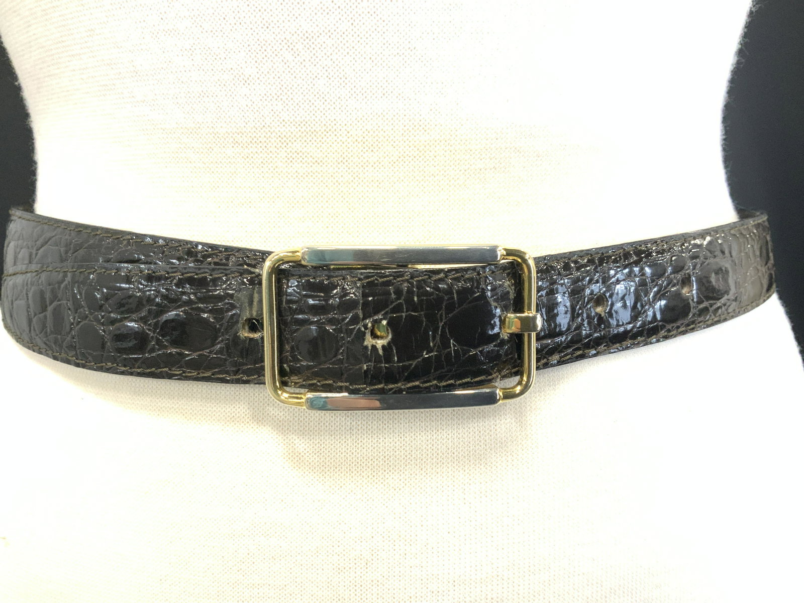 NAPOLEON Crocodile Leather Belt, Italy: Marked on interior band Made in Italy, for Napoleon. croco Diamanté Deep brown toned reptile skin texture with minimalist brass toned buckle. Approximately 34 inches long. 100/115 Evident wearing to 