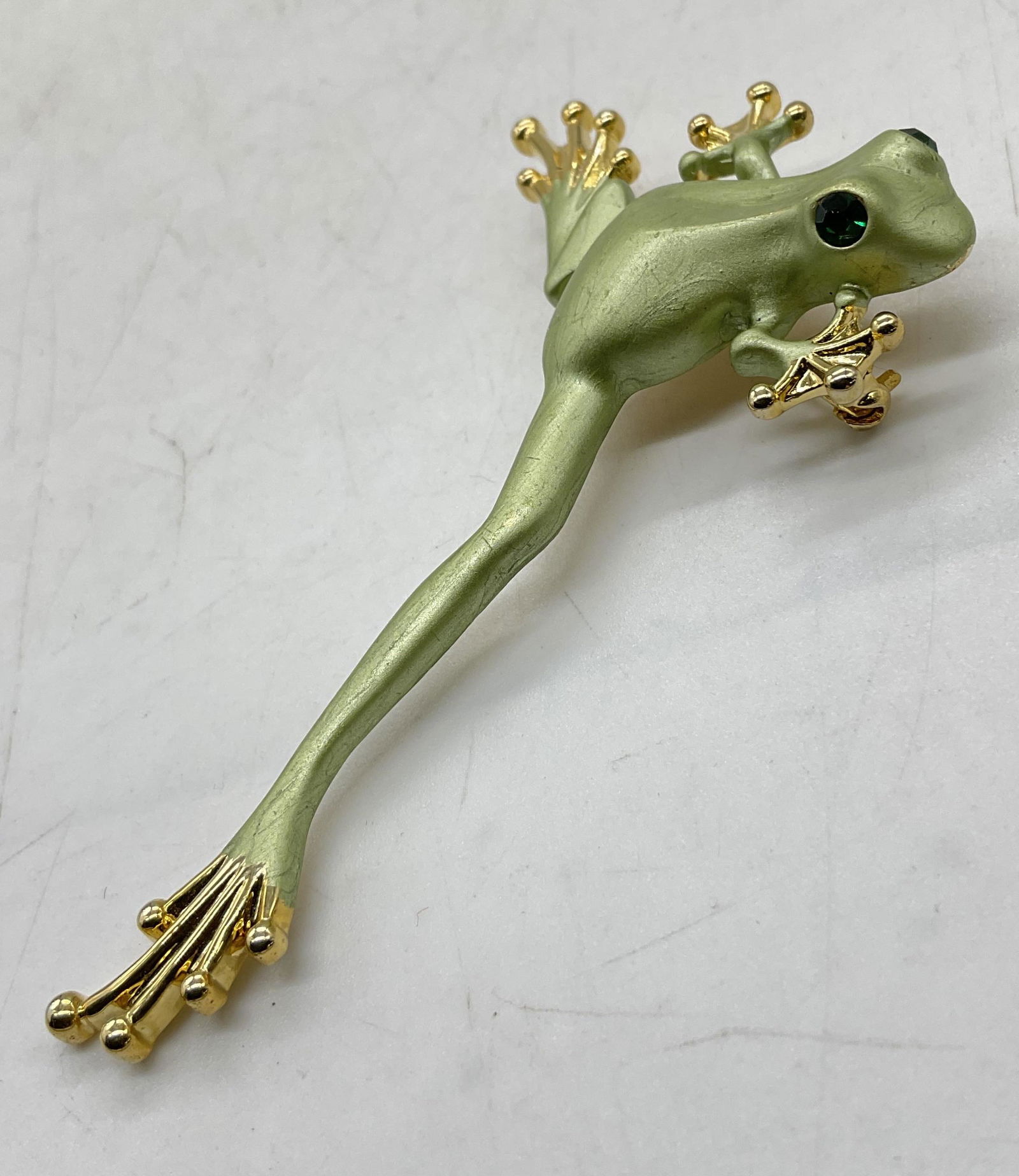 Frog Figural Brooch, Gold Tn w Green Jeweled Eyes (1 of 7)