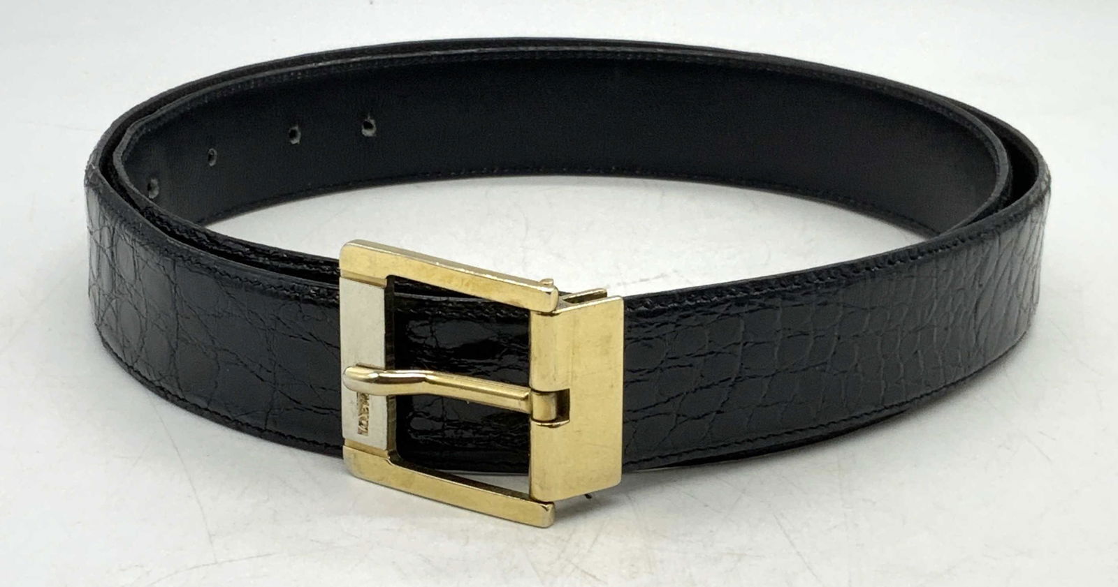 LOEWE Black Crocodile Leather Belt, Lux Menswear: Loewe black crocodile leather belt. Designer label to buckle. Measures approx. 42 inches long. Gently worn. Loewe, Loewe belt, luxury menswear, mens luxury belt. Mens luxury accessories, mens luxury f