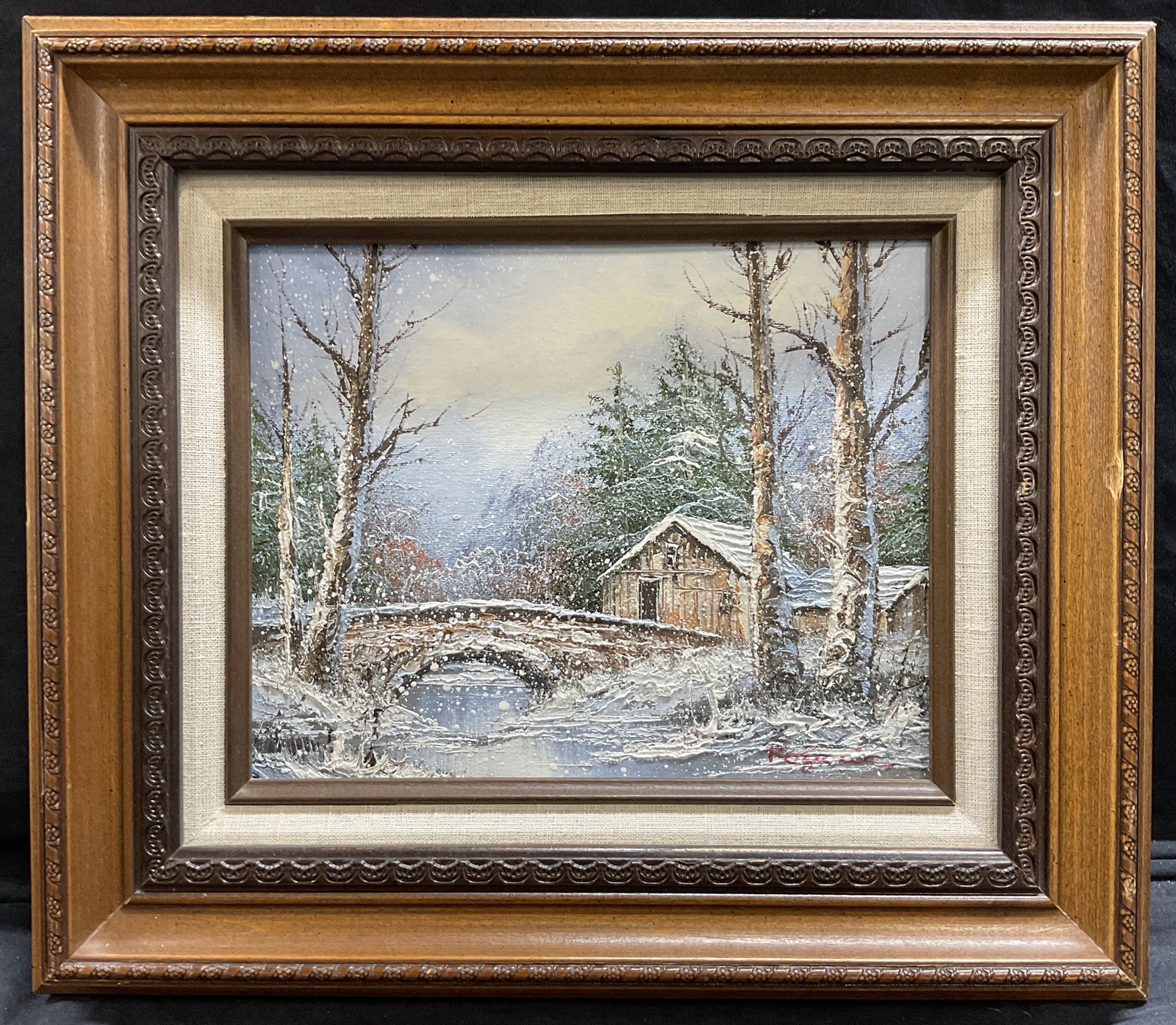 Signed Oil Painting of a Winter Landscape: Signed Oil on panel Painting of a Winter Landscape, signature to lower right illegible, subject a bridge stretching over a river towards a small cabin, measures 13 1/4 x 15 1/4 inches, wooden frame, s