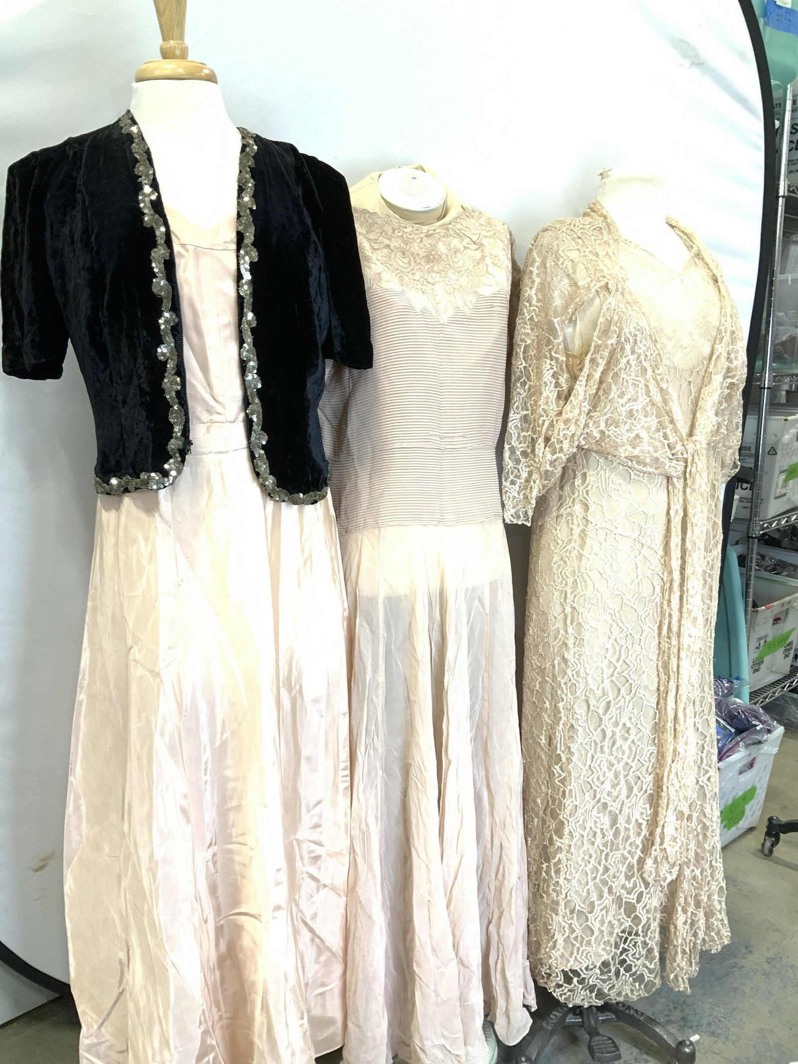 Lot 5Vtg Evening Cocktail Dresses & Access.: Nude toned vintage cocktail/ party dresses. Size Medium. c. 1970s style . 1 must fit over the head. One with lace and under slip with matching lace wrap.Dress waist sz 34 in. Some pulls due to nature 