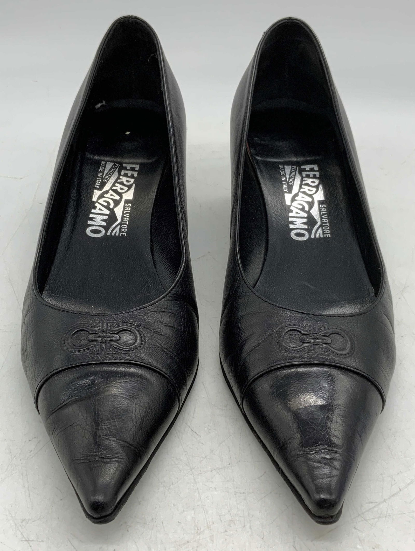 FERRAGAMO Black Leather Kitten Heels (1 of 6)