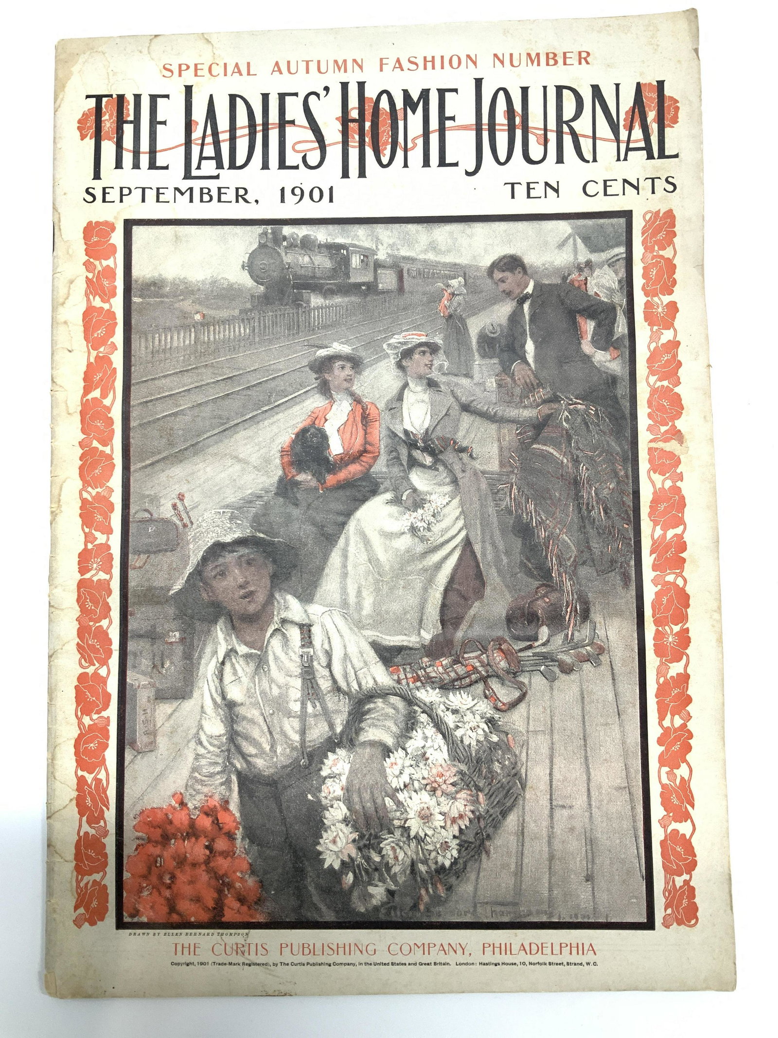 Antique Ladies Home Journal Magazine, c. 1901: Ladies Home Journal paper magazine, 16.5 x 11 in. dated September 1901. The Curtis Publishing Co, Philadelphia. This is a Special Autumn Fashion issue with antique advertisements, feature story on Lou