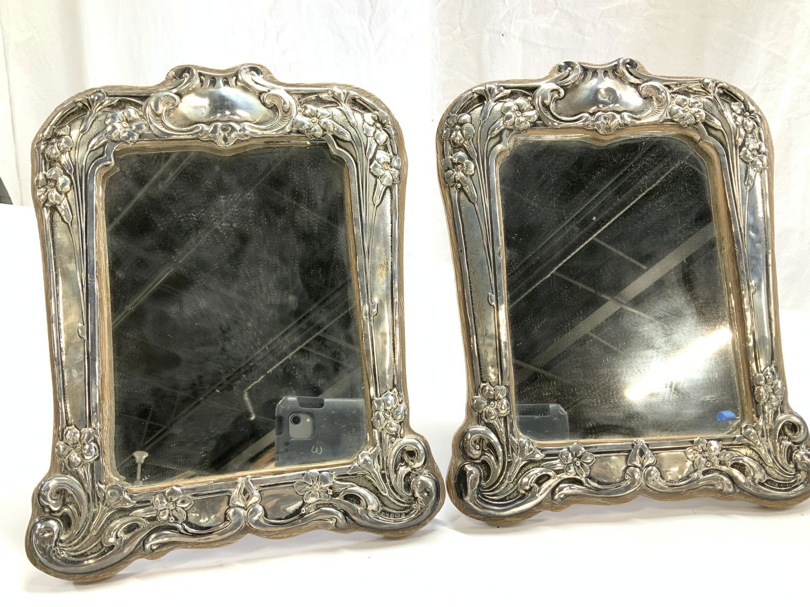 Pair HM Antiq Sterling Silver Easel Back Mirrors (1 of 10)