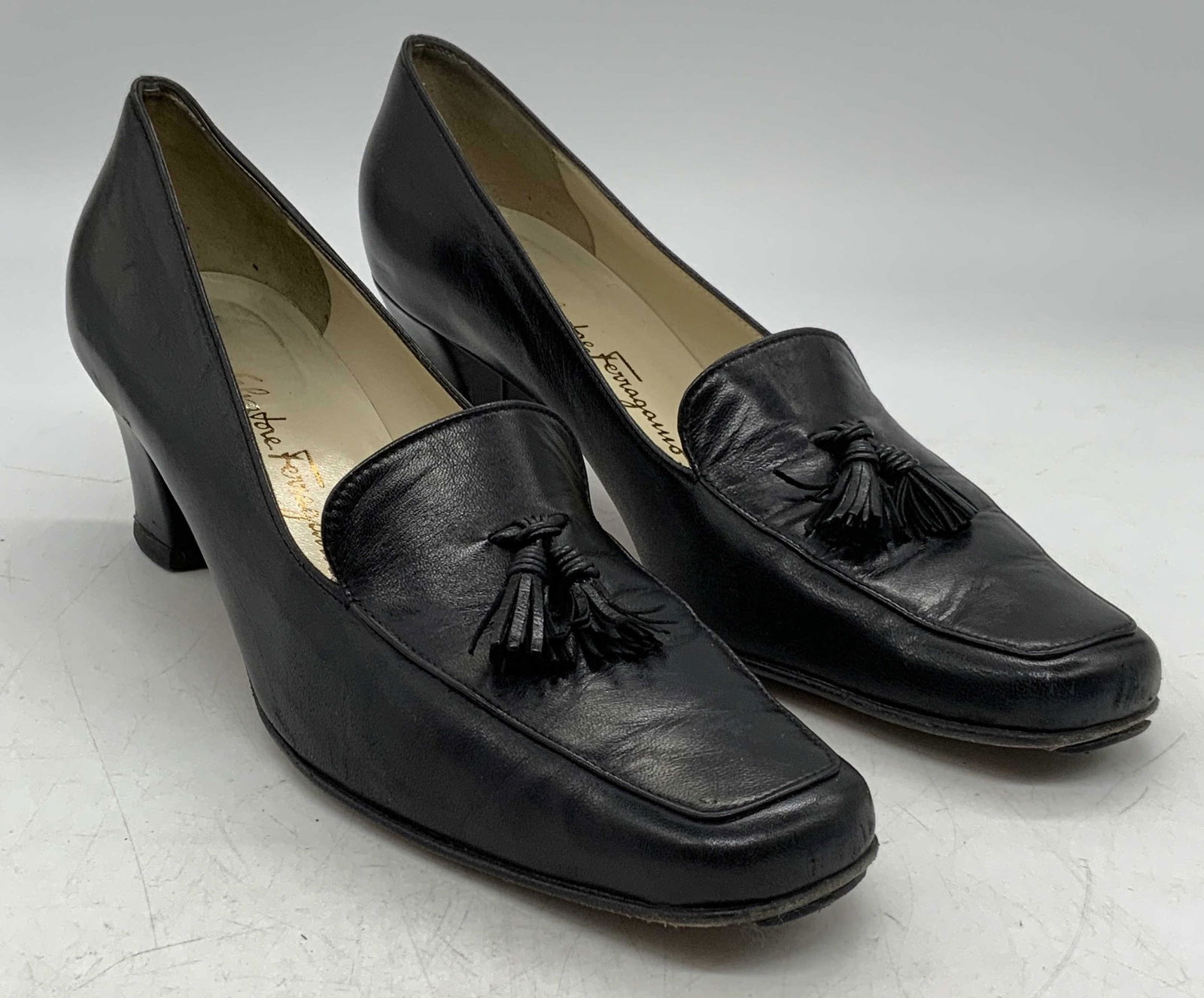 SALVATORE FERRAGAMO Black Leather Heeled Loafers (1 of 7)