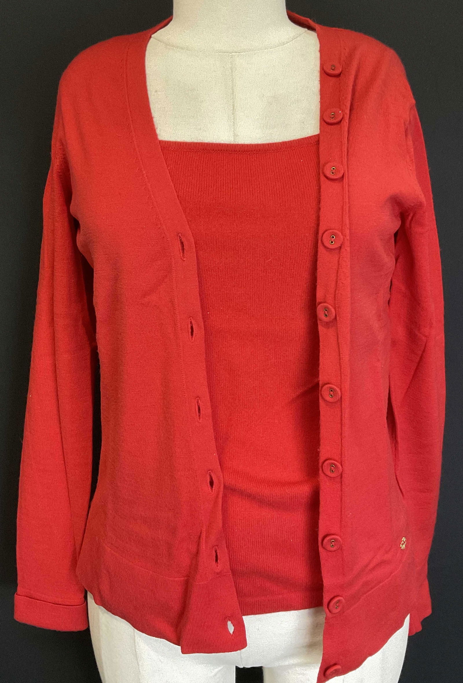 ESCADA SPORT Red Cardigan & Tank Top Set: ESCADA SPORT Red Cardigan & Tank Top Set. Minimal thread pulling to pieces. Name label to top of cardigan. No labels to tank top. Material label reads 75% wool blend. No size. Cardigan measures 18inch