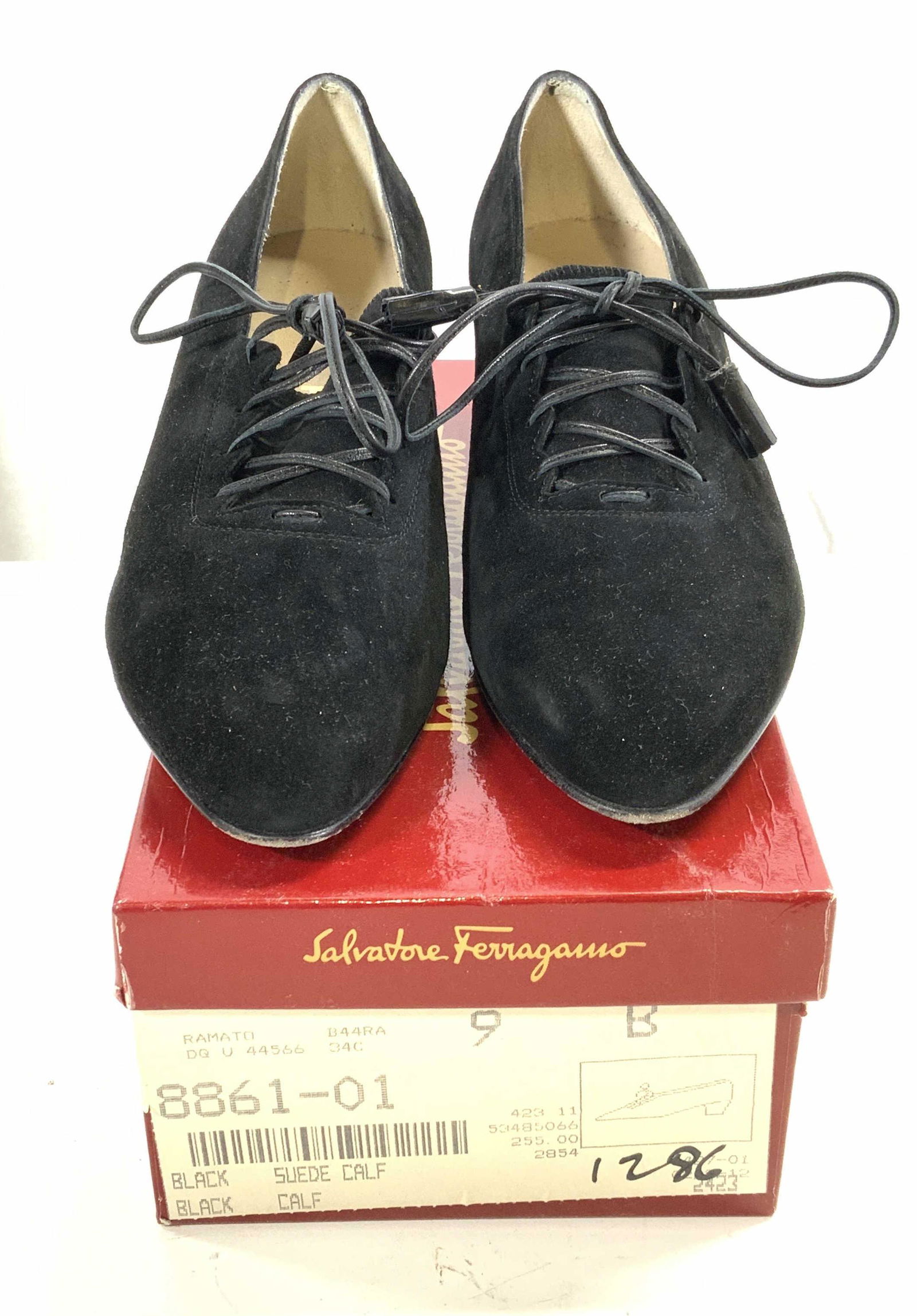SALVATORE FERRAGAMO Black Suede Lace Up Heels (1 of 7)