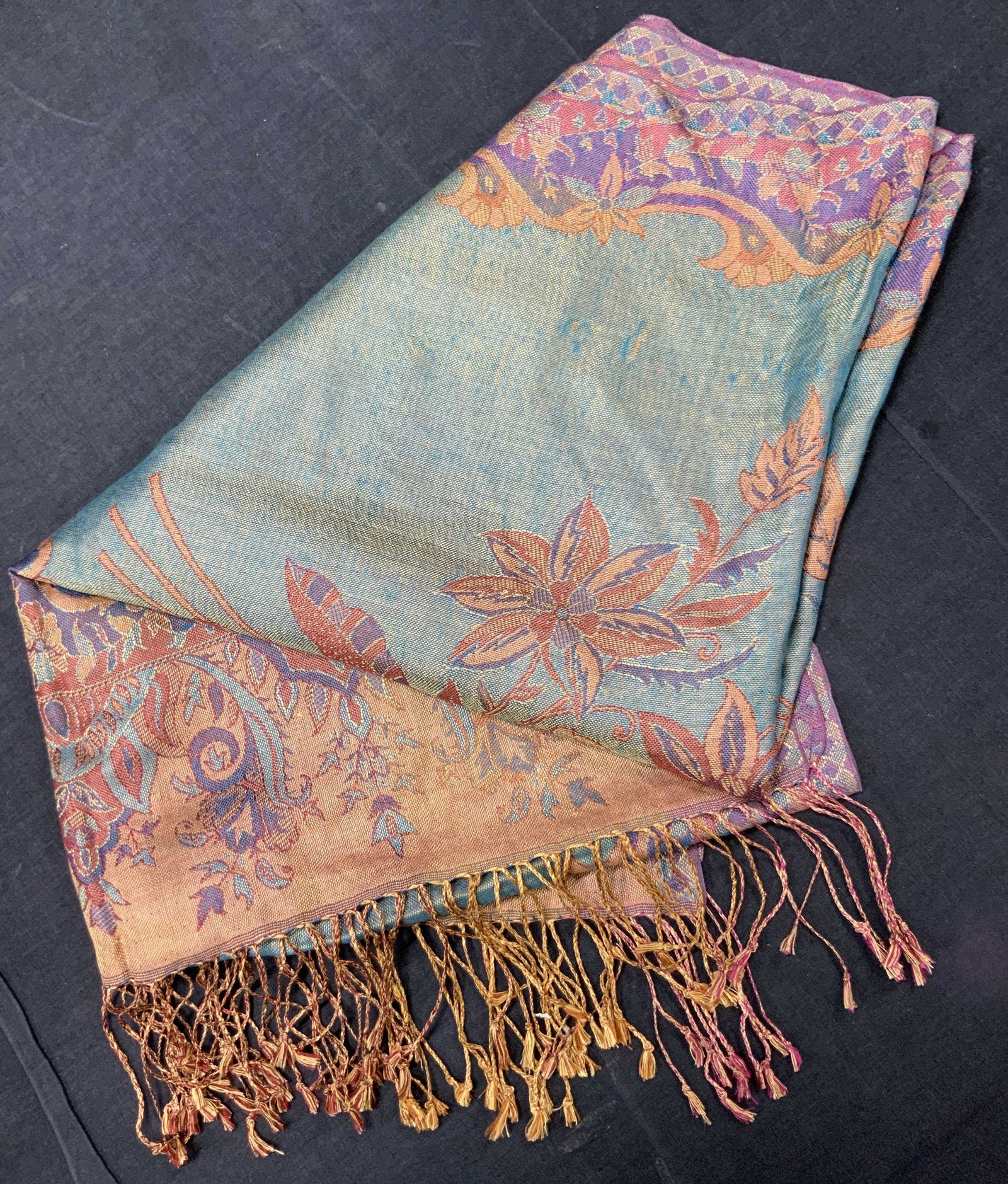 Floral Double Sided Silk Fringe Scarf, India (1 of 10)