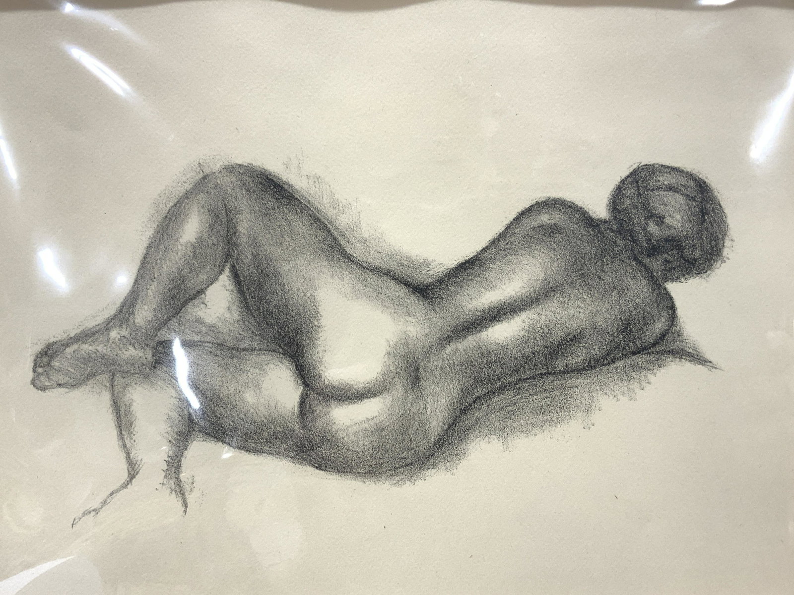 ATTR MAILLOL Nude Sketch Lithograph: DIALOGUES DES COURTISANES, female nude sketch lithograph of a charcoal drawing. Subject depicts a nude womans backside of her body. No Frame, off white matting. Marked on matting by Roten Galleries, M