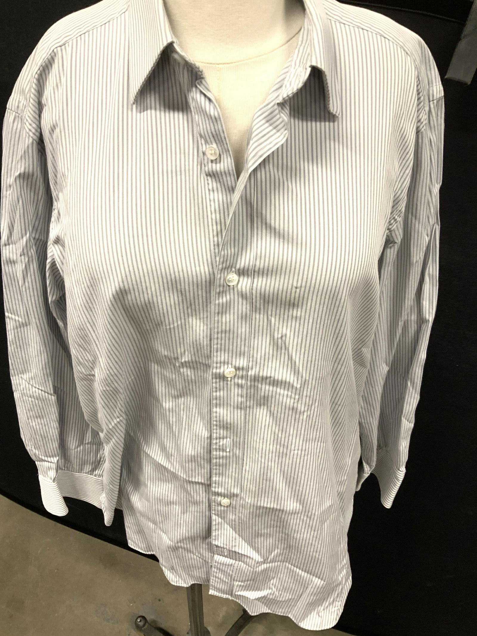BRIONI for Neiman Marcus Mens Shirt, ITALY: Vintage Brioni Cotton Button down shirt, mens Size L/ 15.5. Waist 40 in. Made in Italy. Professionally tailored in Italy. Grey stripe pattern. Label attached reads Brioni for Neiman Marcus. Slight yel