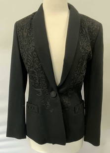 RODIER Black Wool Embroidered Blazer: RODIER black wool b,a red with embroidered decoration. Measures approx. 17.5 inches across chest. Gently worn. RODIER, RODIER blazer, ladies designer blazer, ladies designer jacket, ladies designer fa