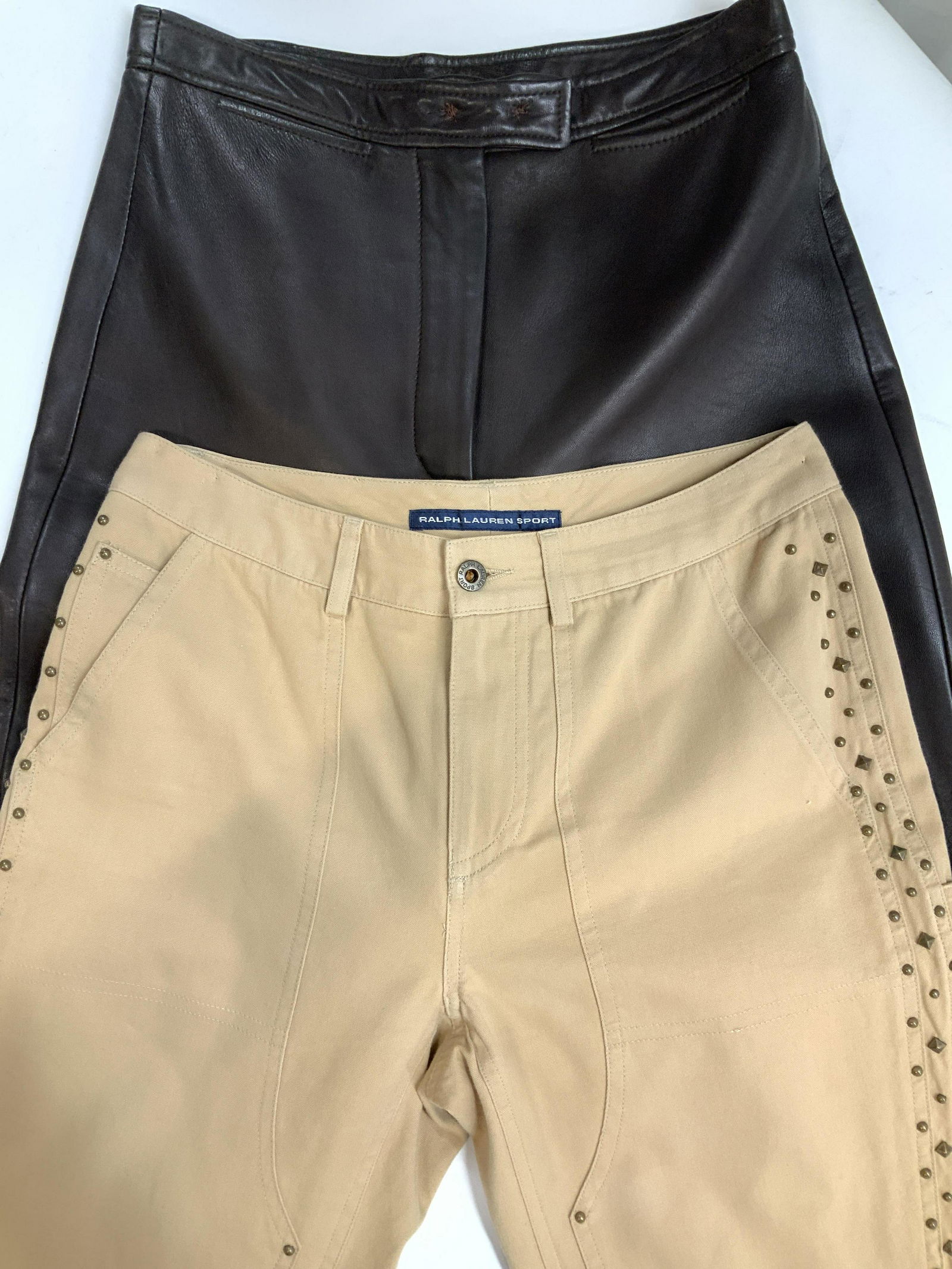 3 Luxury Pants -Leather, R Lauren, MOSCHINO: Size 6 Sienna Studio Straight leg Chocolate Leather Pants. 41 in long, inseam 29.5 in. Button and zippers closed. Size 6 Ralph Lauren Sport Straight leg Studded Tan Jeans with pockets, 41 in long, ins