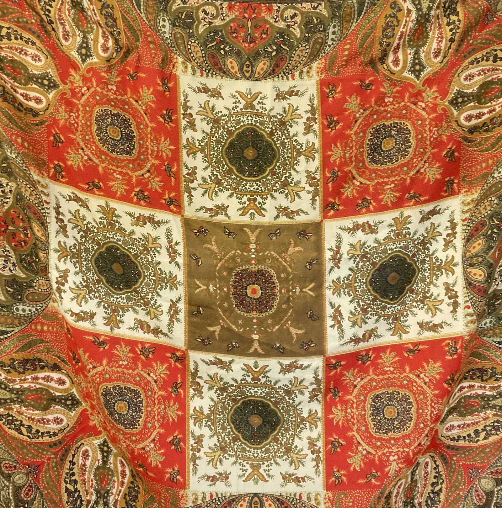 AS, Paisley Print Scarf, Turkey: AS, Paisley Print Scarf. No material label to piece. Measures 45.5 x 45.5 inches. Significant thread pulling to piece consistent with age and use of scarf. labeled AS Made in Turkey to left corner (se