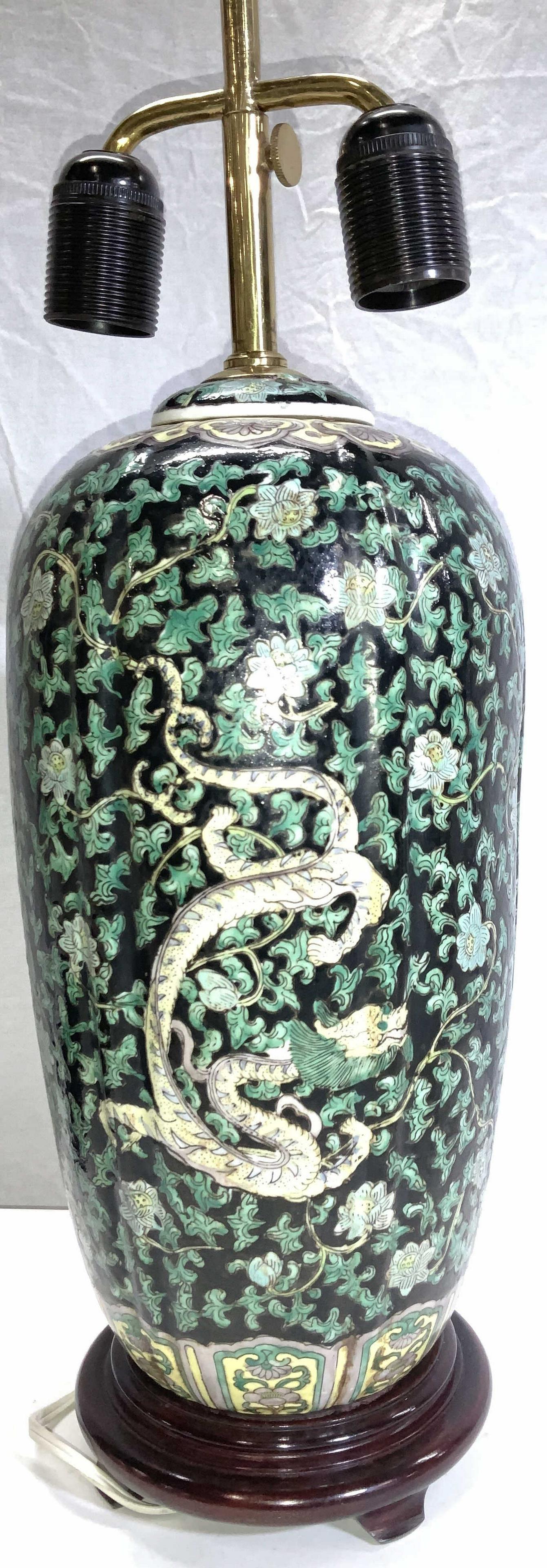 Porcelain Asian Dragon Table Lamp on Wood Stand (1 of 10)