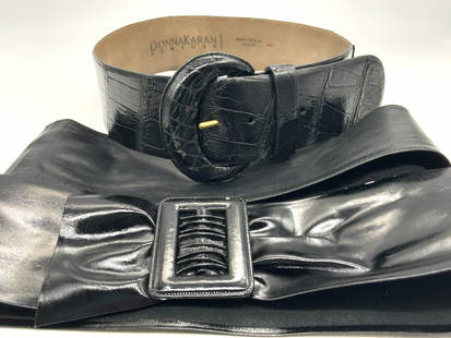 3 CALVIN KLEIN & Donna Karan Leather Waist Belts: Group lot of 3 wide waist belts. 1 marked Calvin Klein 100% Leather. Approximately 46 inches long and 3.75 inches wide. 1 marked Donna Karan New York, genuine American Alligator, size small, approxima