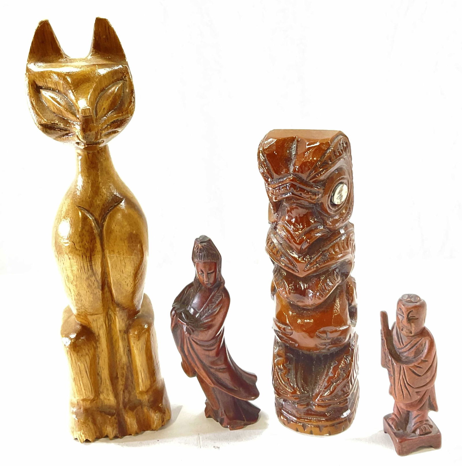 Lot 4 Wooden Figurals, Cat, Asian Figures, Totem (1 of 7)