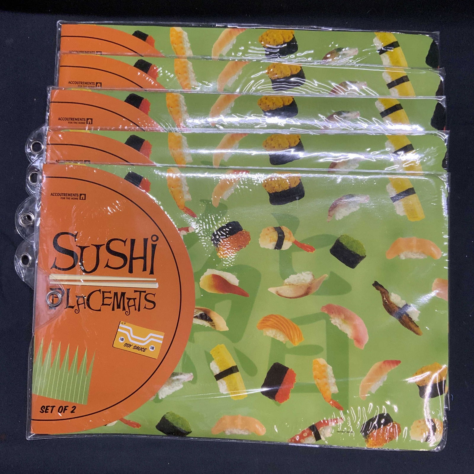 Set 5 Accoutrements Sushi Placemats NIP: Set of 5 Accoutrements sushi placemats. Each set contains 2 pieces. 10 pieces total. All pieces new in original packages. Not examined outside of packagers. Placemats measure 17.25 x 11.5 inches each.