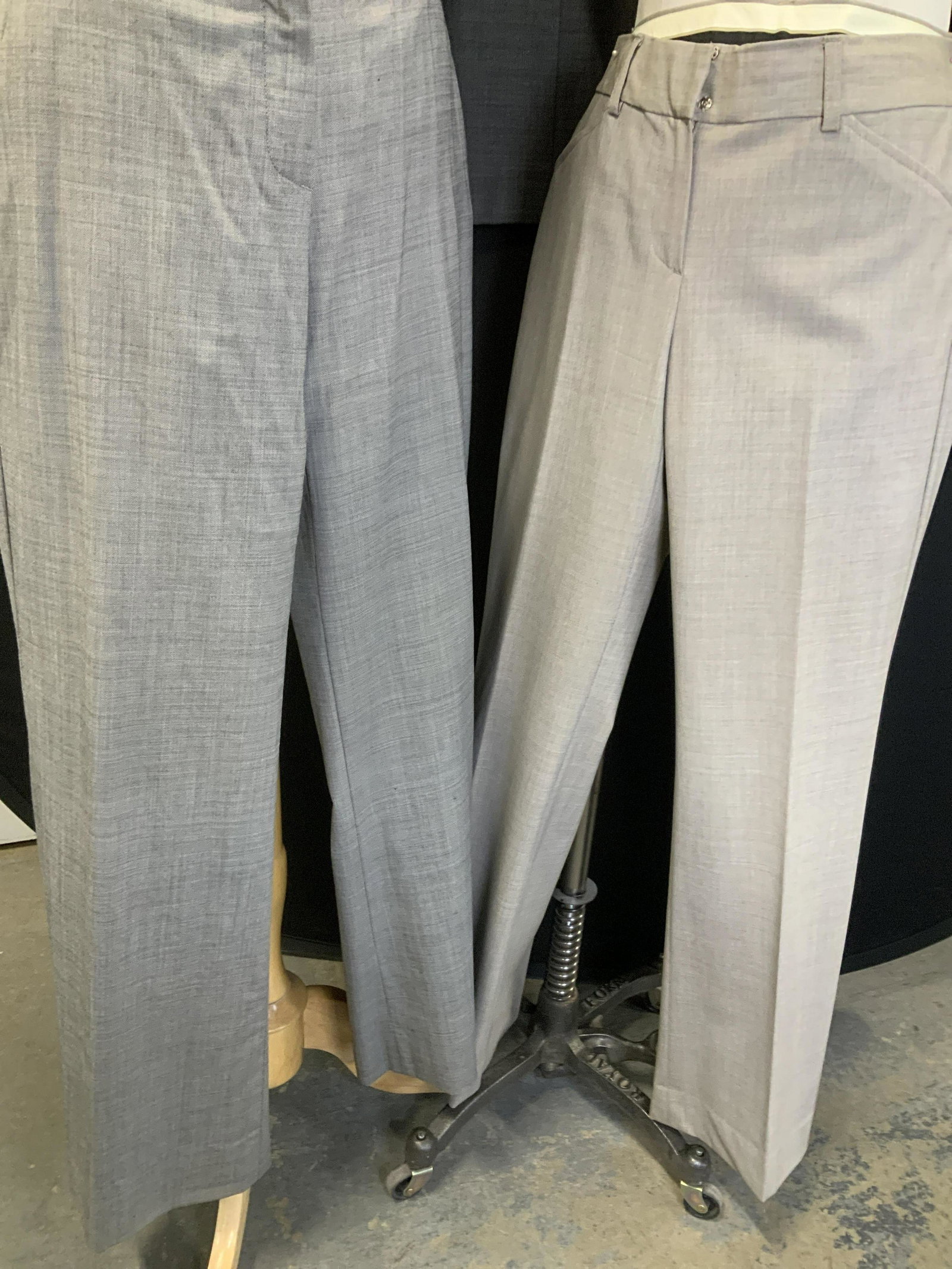 THEORY & HUGO BOSS Wool Dress Pants, 3: Wide straight leg dress pants for ladies , size 6 and in the grey hue family. Hugo Boss dark grey pants 40 in. Long, 29.5 in. Inseam 2 pairs of Theory Wool and Lycra Grey pants. Light grey/ tan pair 4