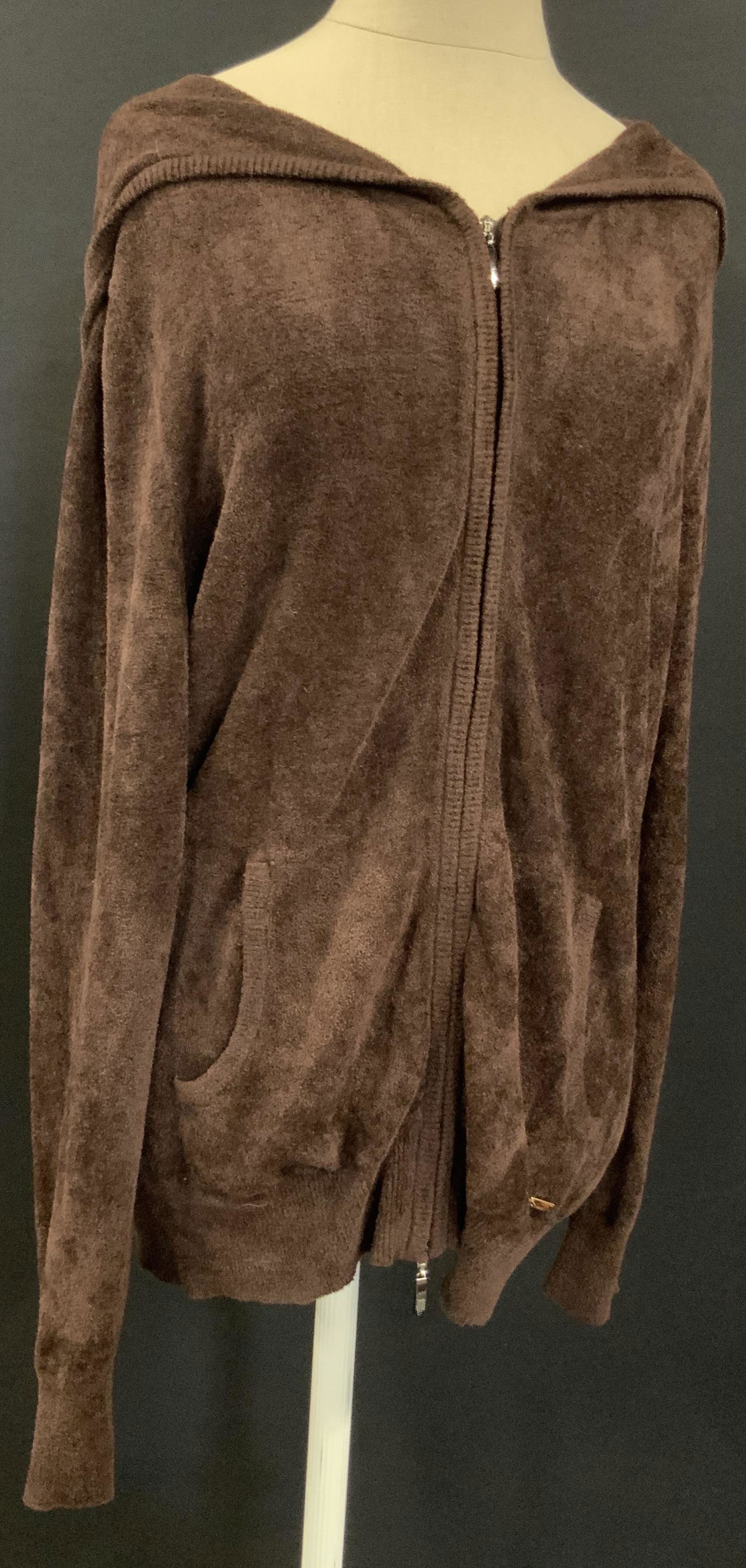 Vintage ESCADA Hooded Zip-Up Sweater, Outerwear: A rich chocolate brown hooded sweater crafted from viscose & nylon. Soft hand feel. Zipper closure. Two exterior pockets. Rhinestone accent adjacent to one of the exterior pockets. Interior tag reads
