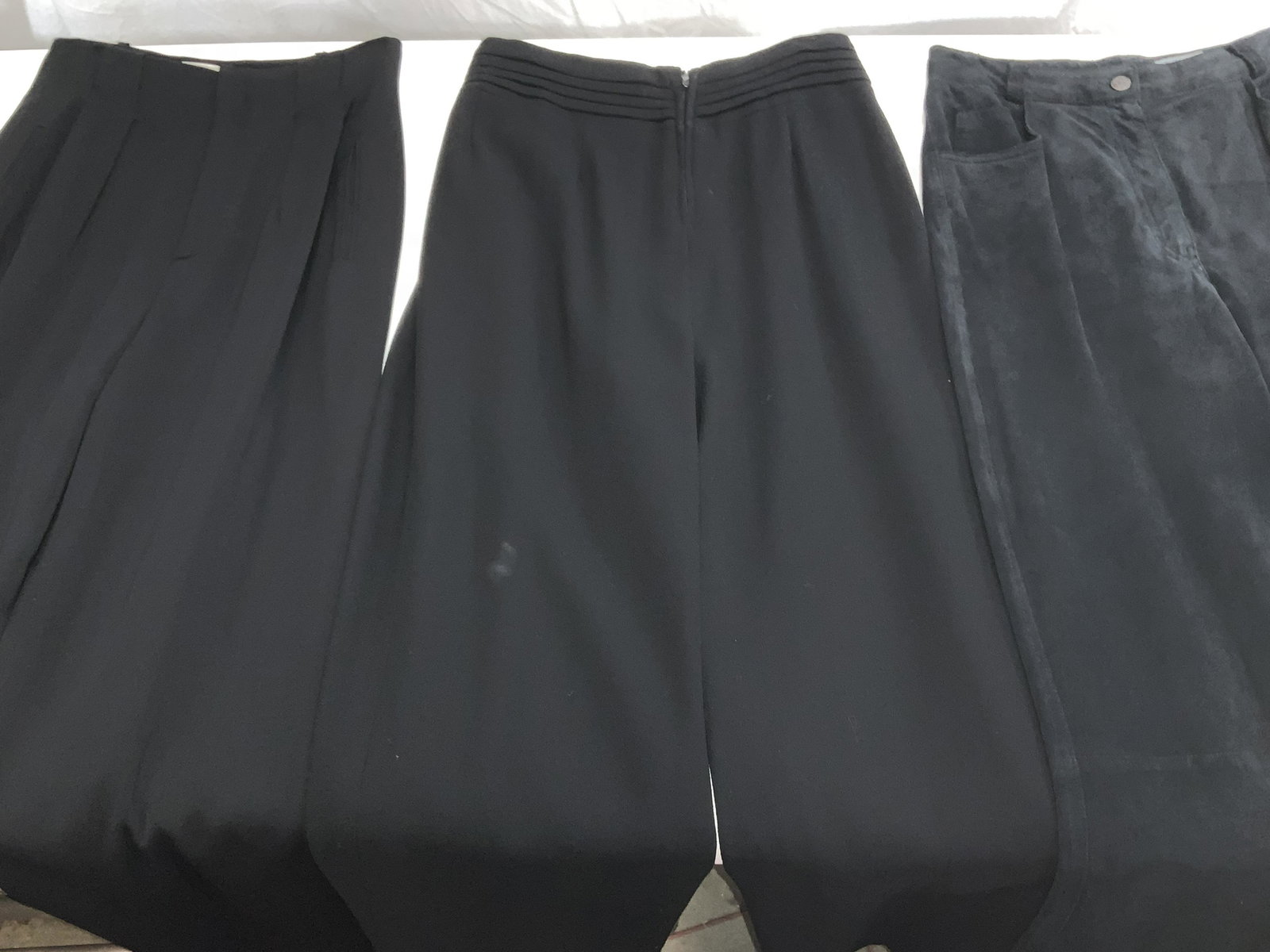 Erez Levy Saks 5th Ave Suede Pants, more 3: Erez Levy Saks 5th Avenue black Suede Pants , back pockets and hand pocket, waist 28-29 in. Length 38.75 in. Inseam 26 in. Dana Buchman size 6 wool and nylon wide leg pants, pleated waste, hand pocket