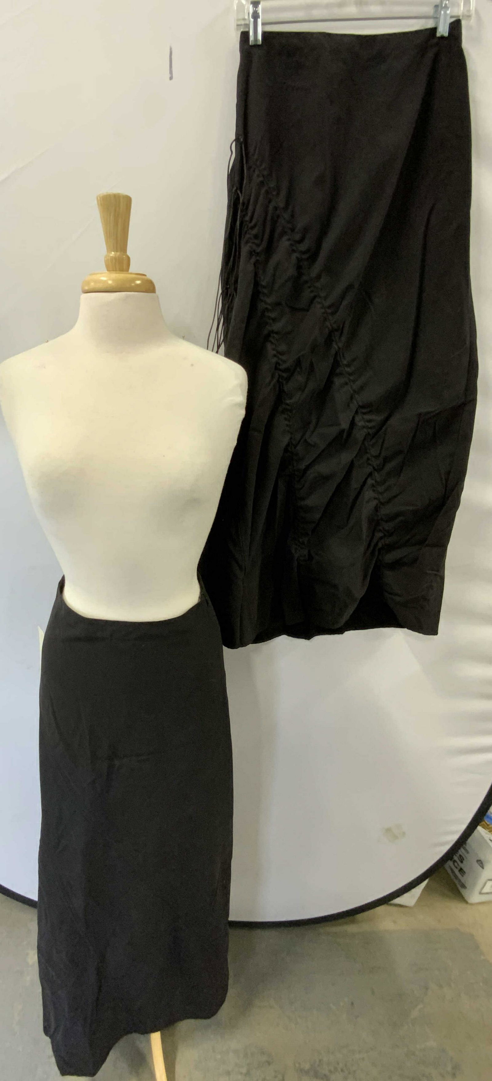Lot 2 ILLIG Black Maxi Skirts, Sm & XS: Lot of 2 ILLIG black maxi skirts with ruched detail. Sizes S and XS. Both pieces new. Material feels like synthetic. ILLIG, ILLIG skirt, ladies designer skirt, ladies designer fashion, ladies industri