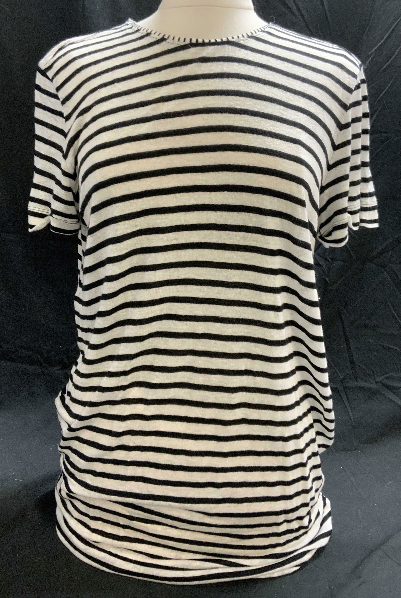 ALICE & OLIVIA White Striped Linen Tee Shirt: Alice & Olivia white and black striped linen blend tee shirt. Measures approx. 20 inches across chest. Gently worn. Alice and Olivia, Alice and Olivia top, ladies designer top, ladies designer tee shi