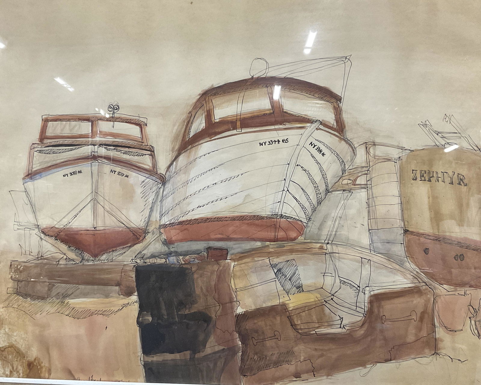 Watercolor Boat Scene, Signed & Framed (1 of 7)