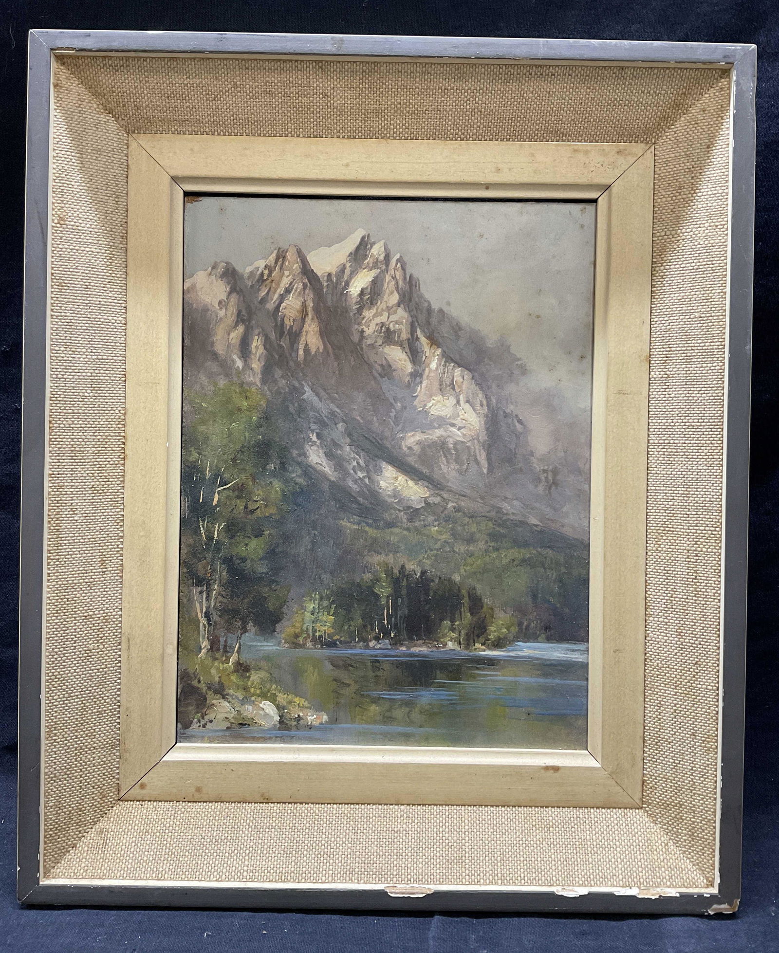 Oil Mountain Landscape Painting on Board, Framed: Oil Mountain Landscape Painting on Board. Framed in a wooden frame with linen lining and inner wooden piece. Not examined out of frame. Measures approx 11.25 x 13.5 inches. Window within frame measure