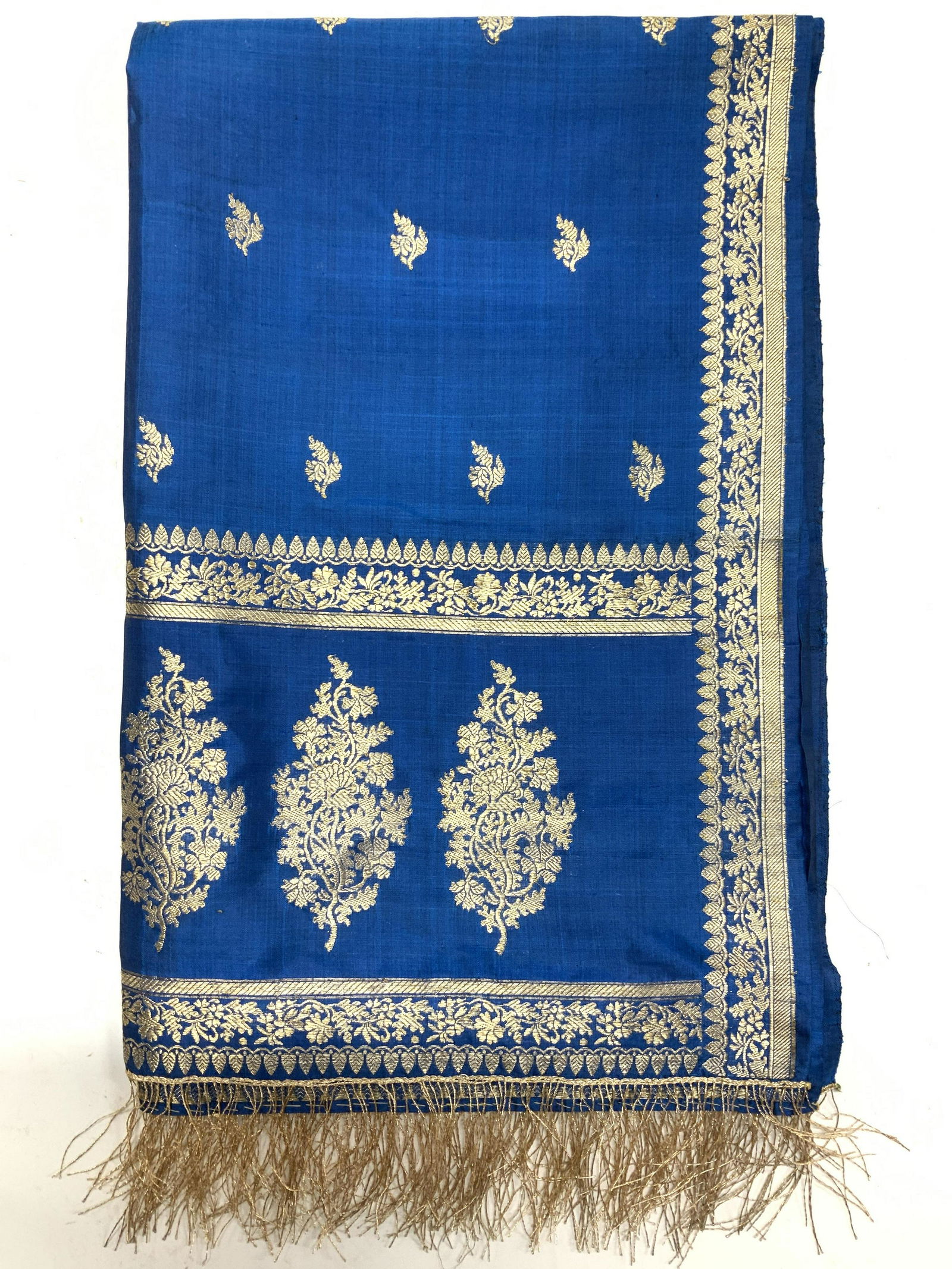 Blue and Gold Embroidered Indian Scarf w Tassels (1 of 6)