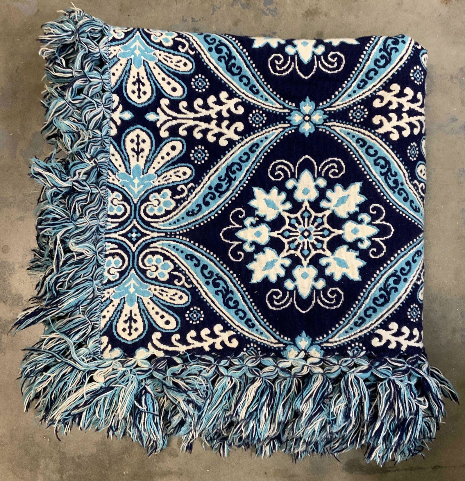 Thick Knit Reversible Blue Blanket w Tassel Trim (1 of 7)