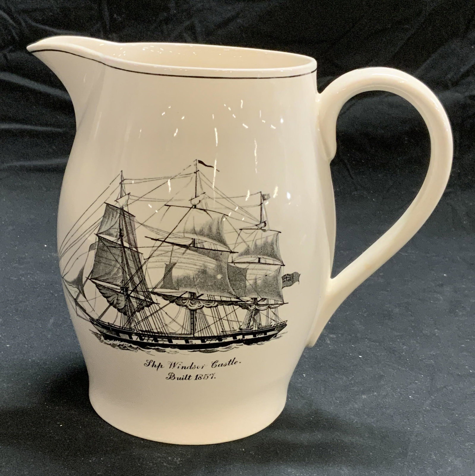 Vintage SPODE Sailing Ship Pitcher: Vintage Spode chinaware pitcher with sailing ship motif. Trademarked to underside. Measures approx. 5 inches diameter and 6.5 inches tall. Small chip to rim and crazing. Spode, Spode pitcher, vintage 