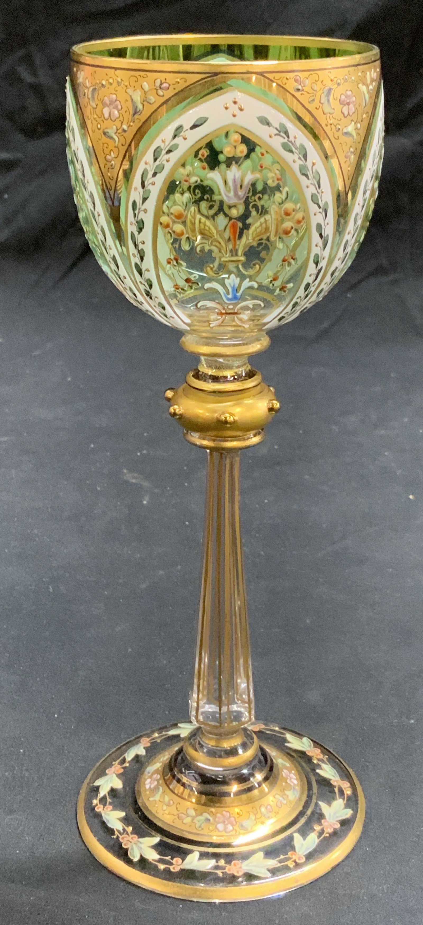 Vintage Ornate Hand Painted & Gilt Stemware: Vintage ornately hand painted and decorated gilt glass stemware. Measures approx. 3 inches diameter and 7.5 inches tall. In good condition. Stemware, glassware, wine glass, ornate wine glass, gilt win