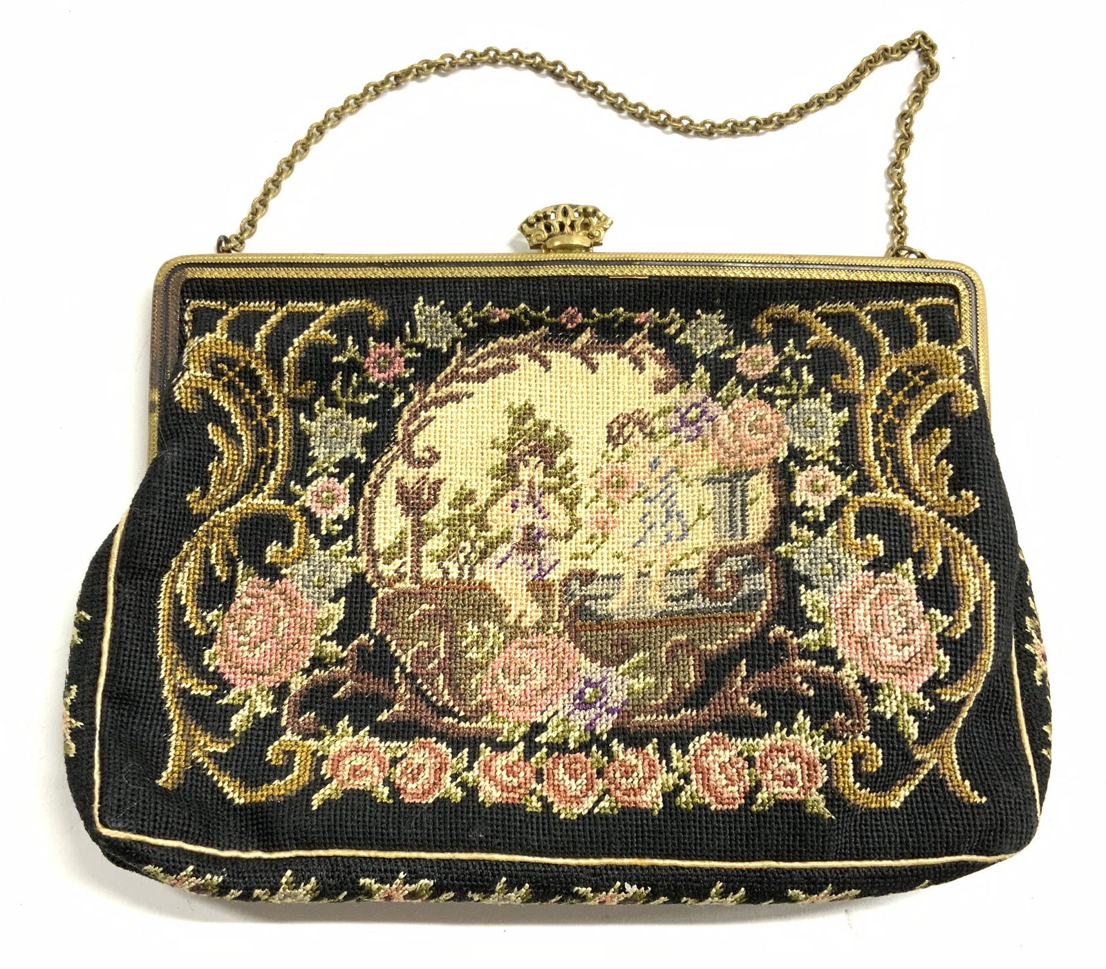 Vintage Figural & Floral Needlepoint Evening Purse (1 of 7)